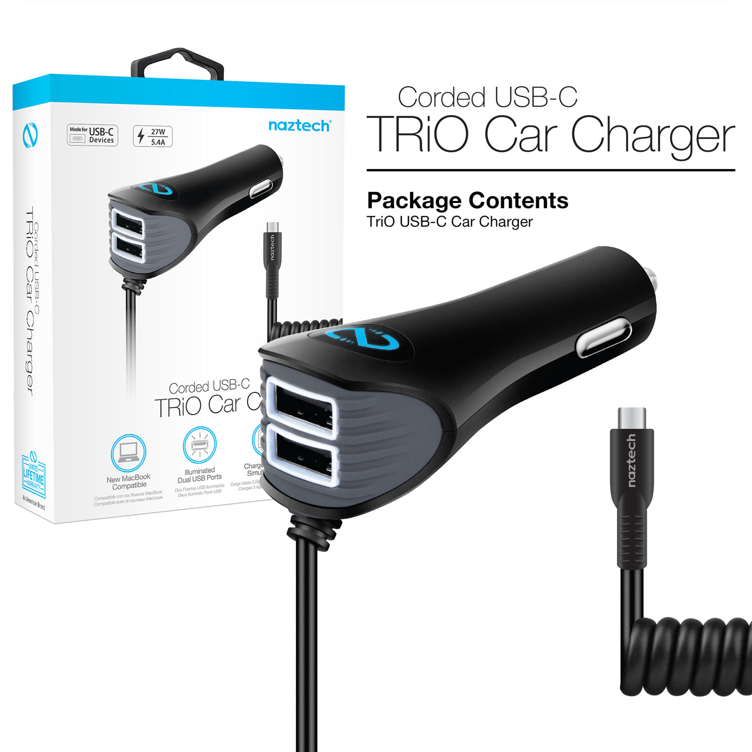 N420 Trio USB-C 5.4A Car Charger