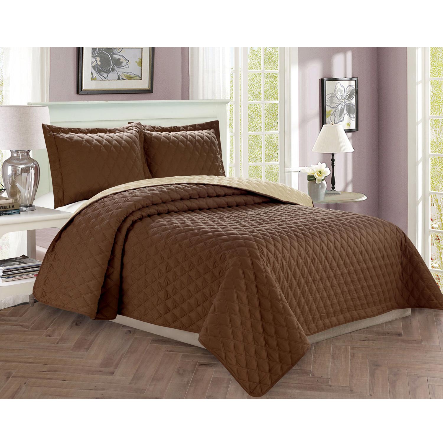 3-Piece Bedspread Coverlet Diamond Design Quilted Set