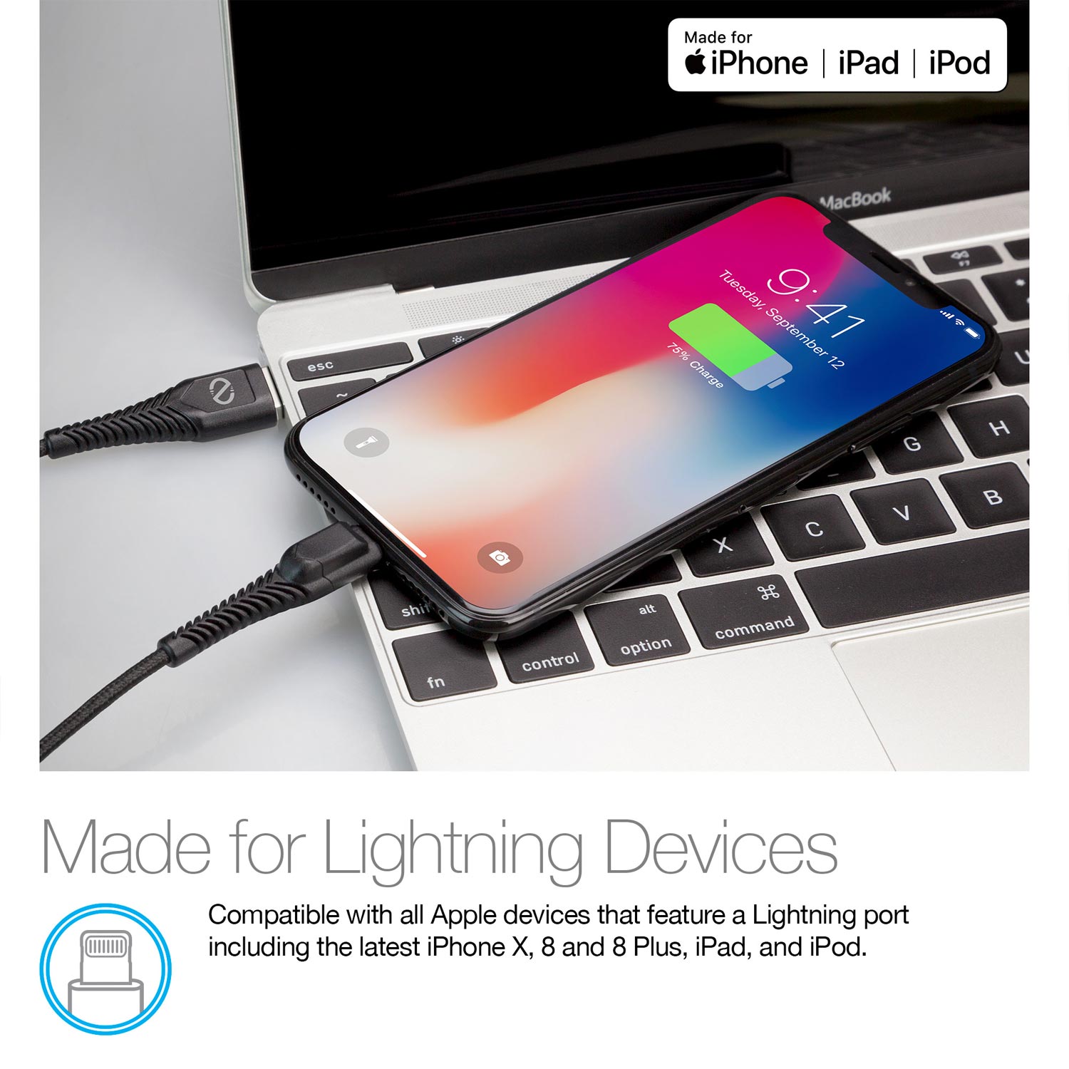 Rugged LED MFI USB Charge/Sync Cable 4ft