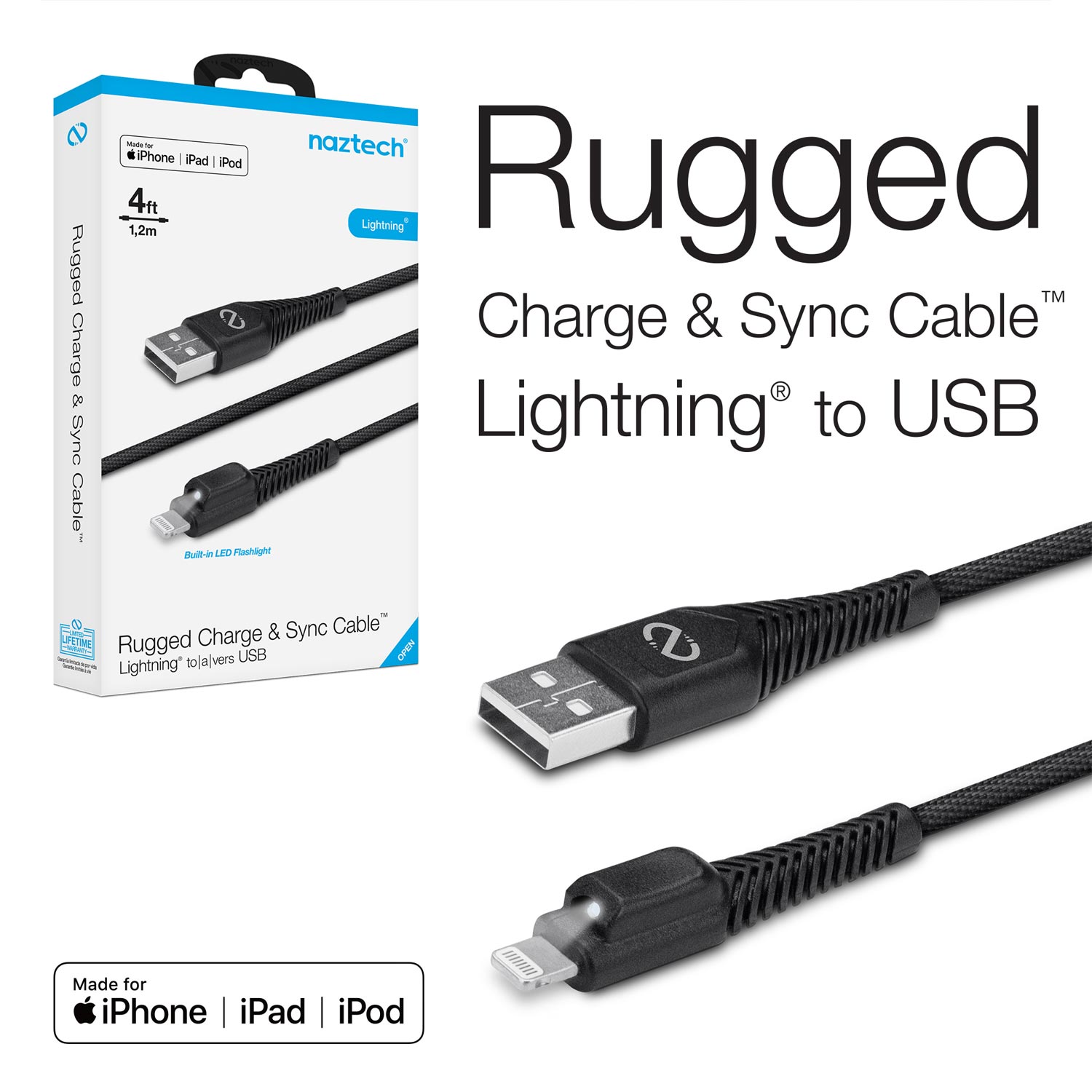 Rugged LED MFI USB Charge/Sync Cable 4ft
