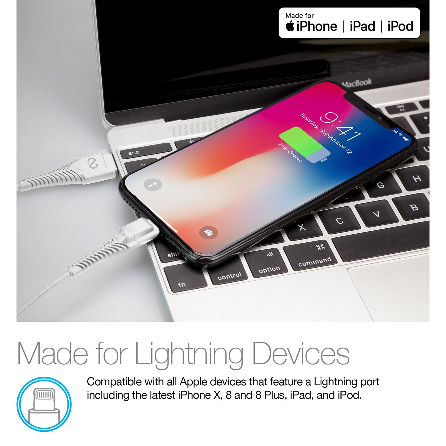 Rugged LED MFI USB Charge/Sync Cable 4ft