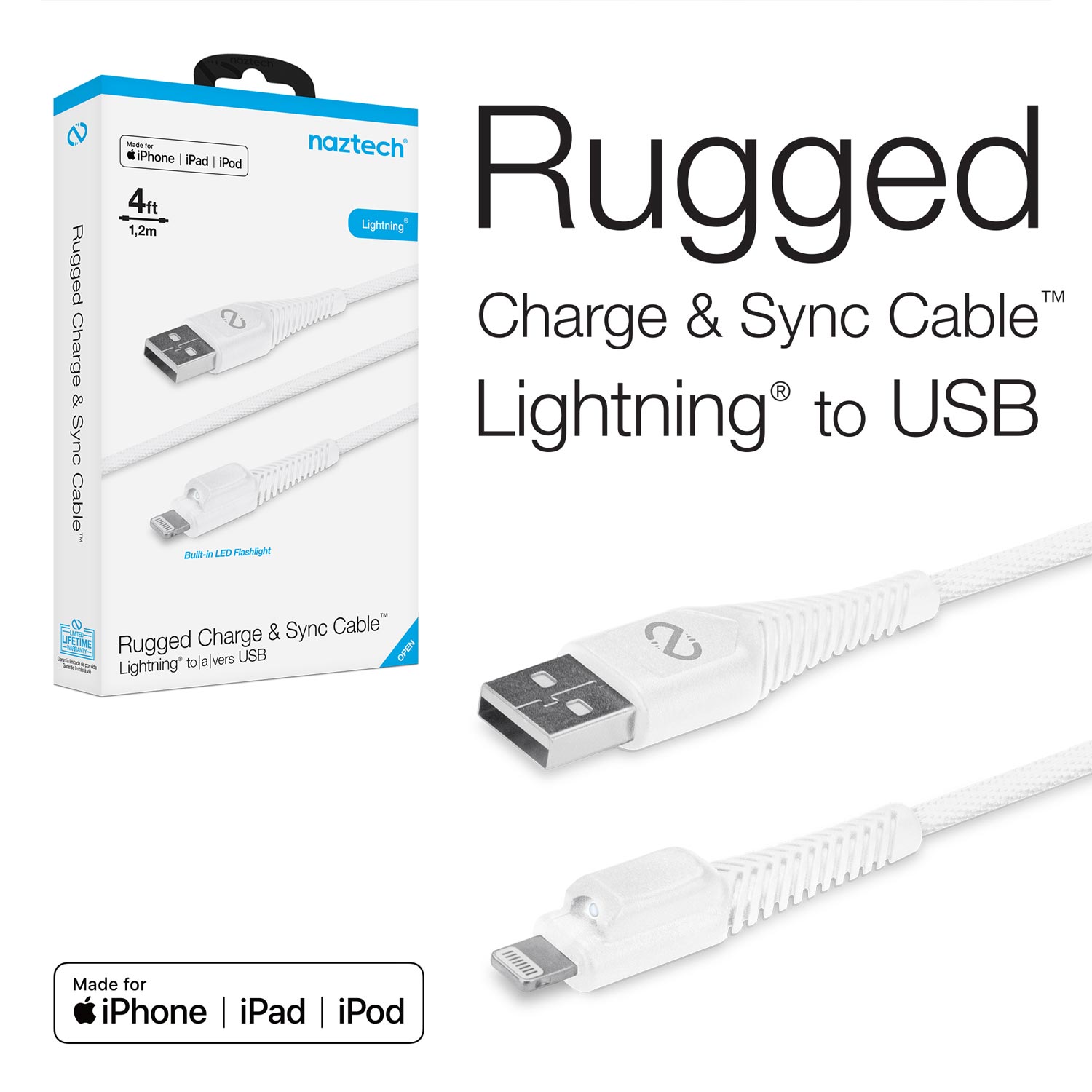 Rugged LED MFI USB Charge/Sync Cable 4ft