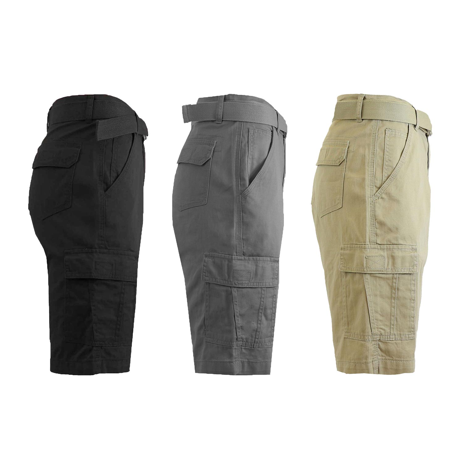 3 Pack Men's Belted Cotton Cargo Shorts