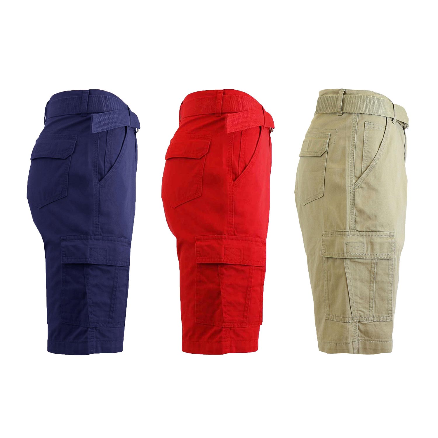 3 Pack Men's Belted Cotton Cargo Shorts