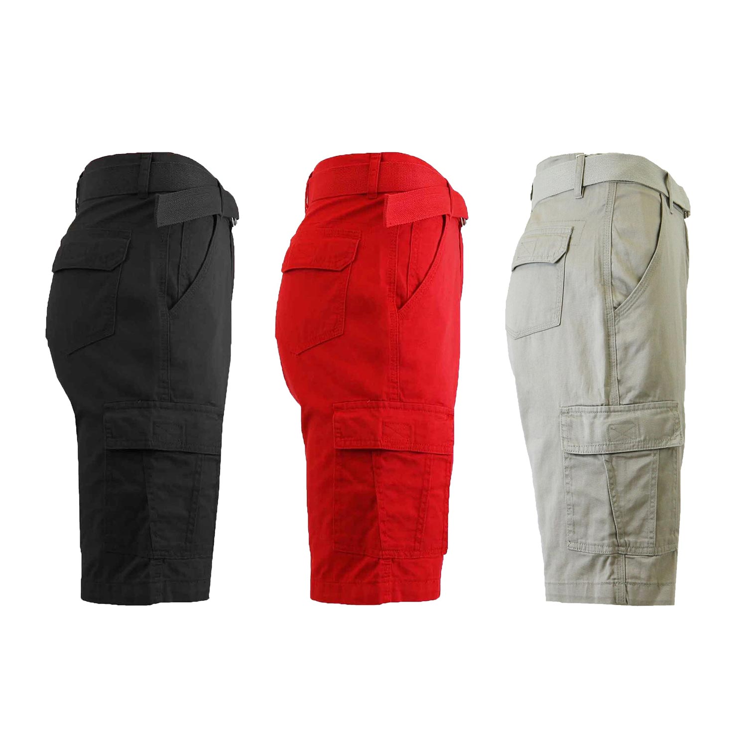 3 Pack Men's Belted Cotton Cargo Shorts