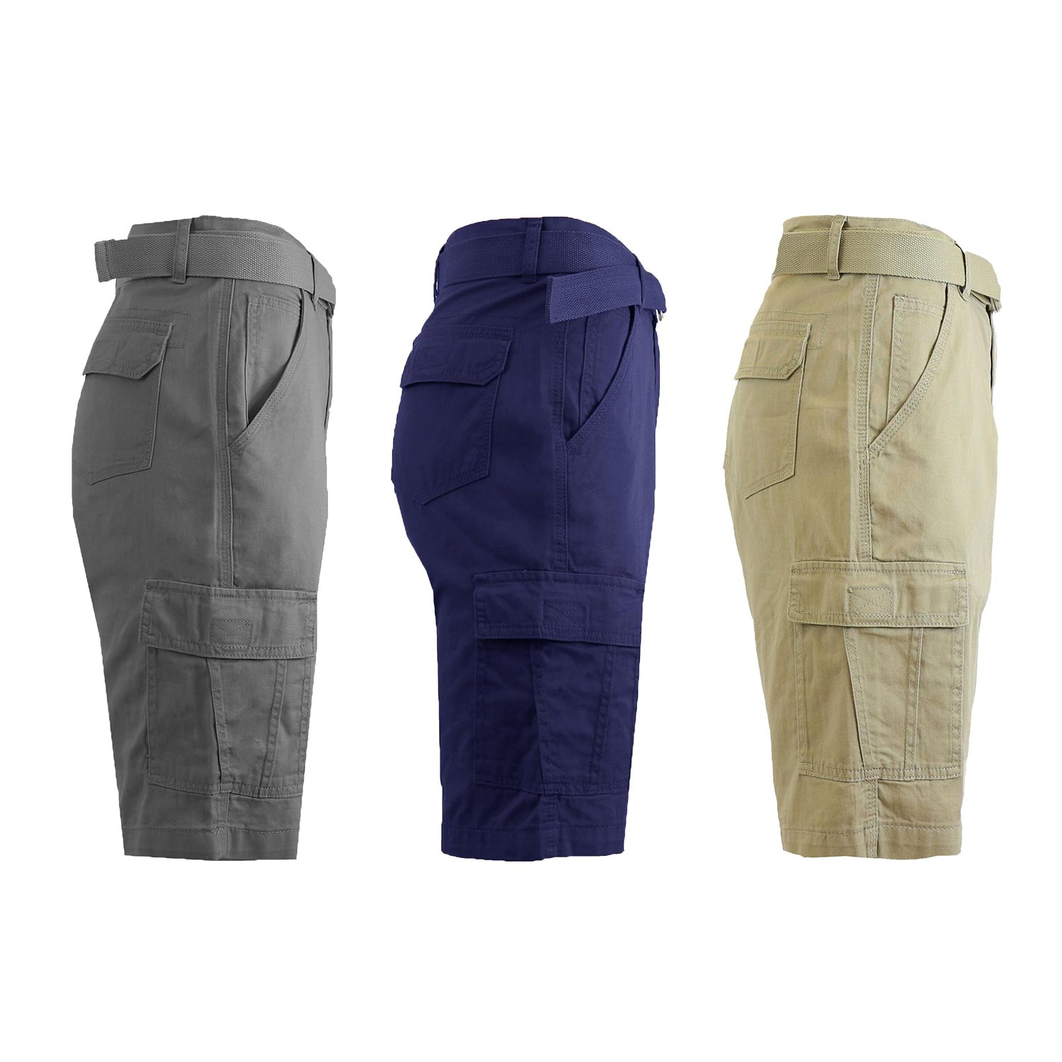 3 Pack Men's Belted Cotton Cargo Shorts