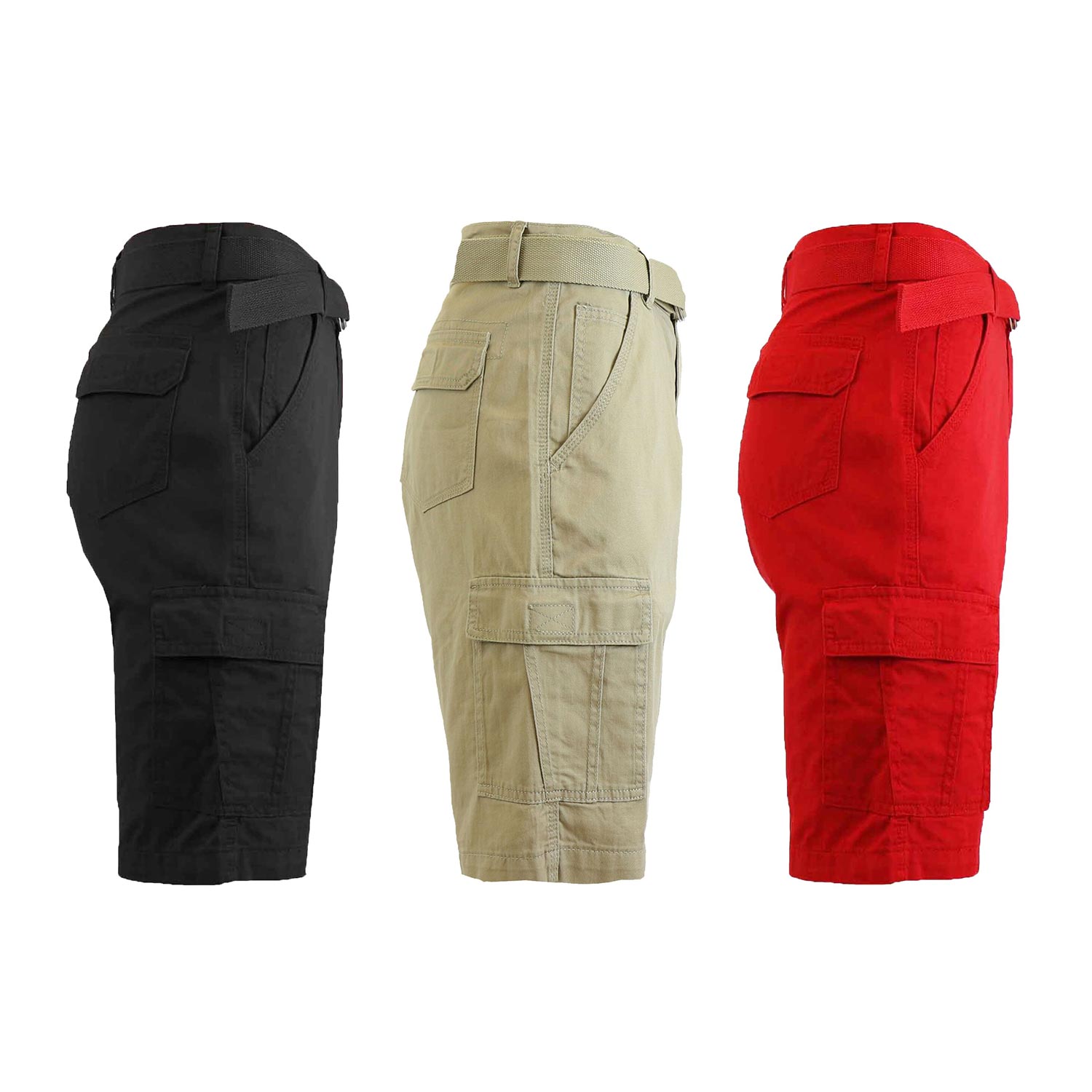 3 Pack Men's Belted Cotton Cargo Shorts