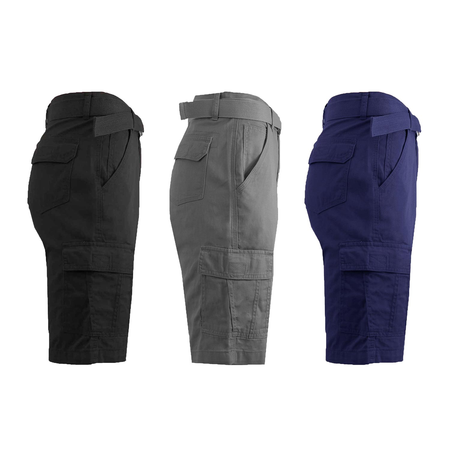 3 Pack Men's Belted Cotton Cargo Shorts