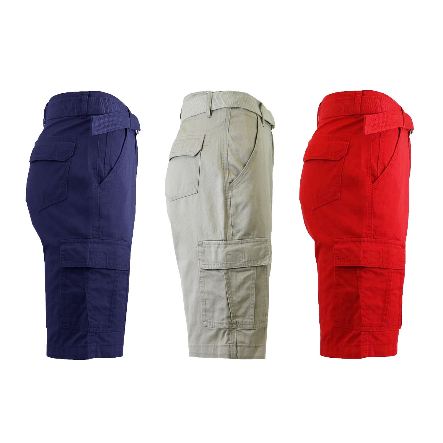 3 Pack Men's Belted Cotton Cargo Shorts