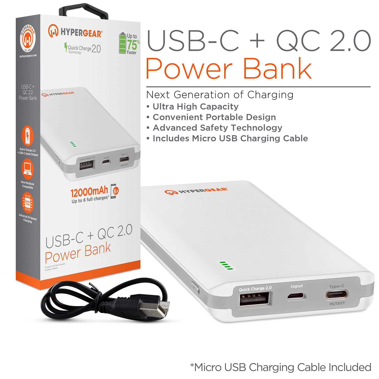 QC2.0 + Type C 12000mAh Power Bank