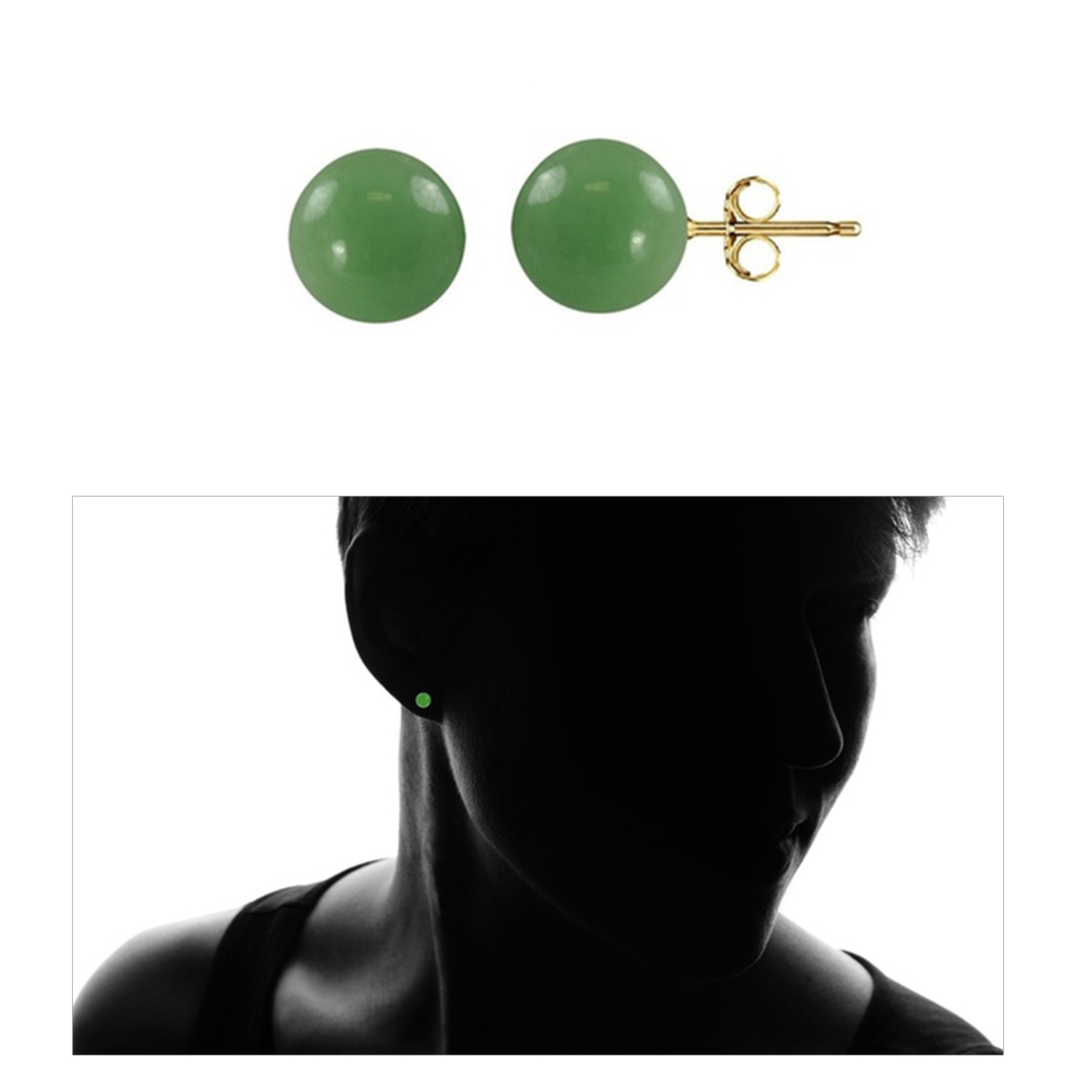 14K Gold Genuine Jade Gemstone Ball Stud Earrings