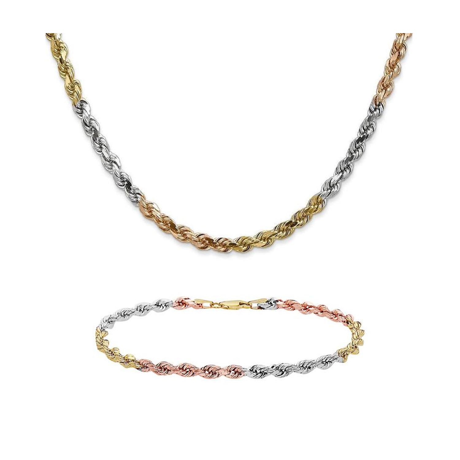 Italian 14K Tri-color Gold 4MM Diamond Cut Rope Chain Necklace