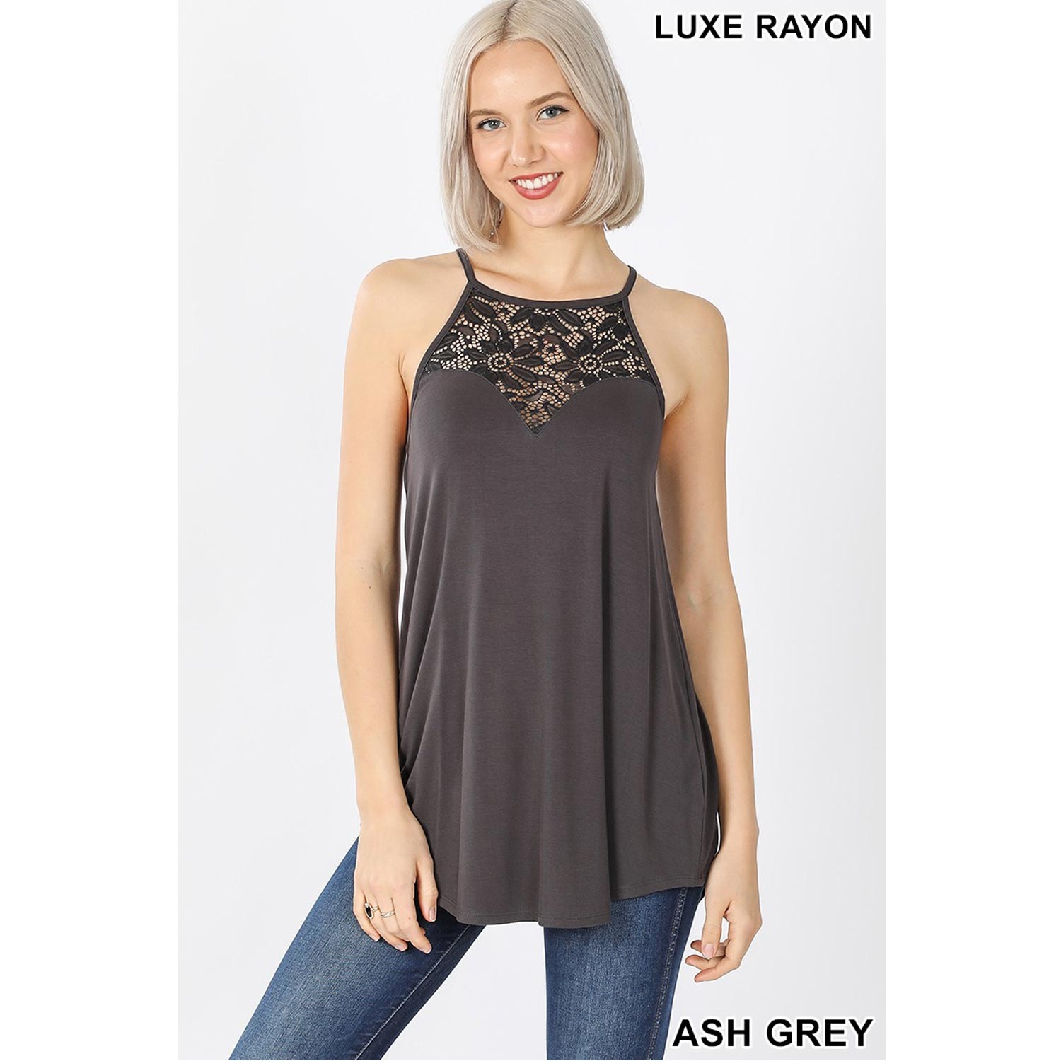 Buy One Get One Free Luxe Rayon Lace Paneled Sleeveless High Halter Top