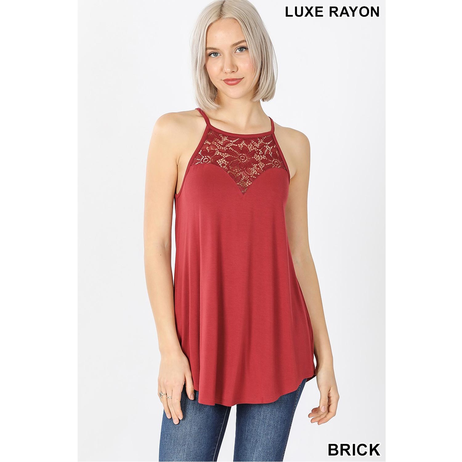 Buy One Get One Free Luxe Rayon Lace Paneled Sleeveless High Halter Top