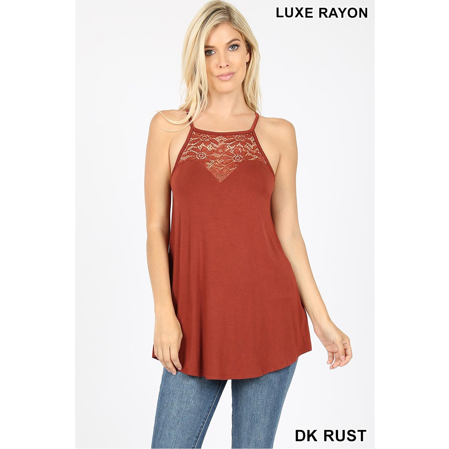 Buy One Get One Free Luxe Rayon Lace Paneled Sleeveless High Halter Top