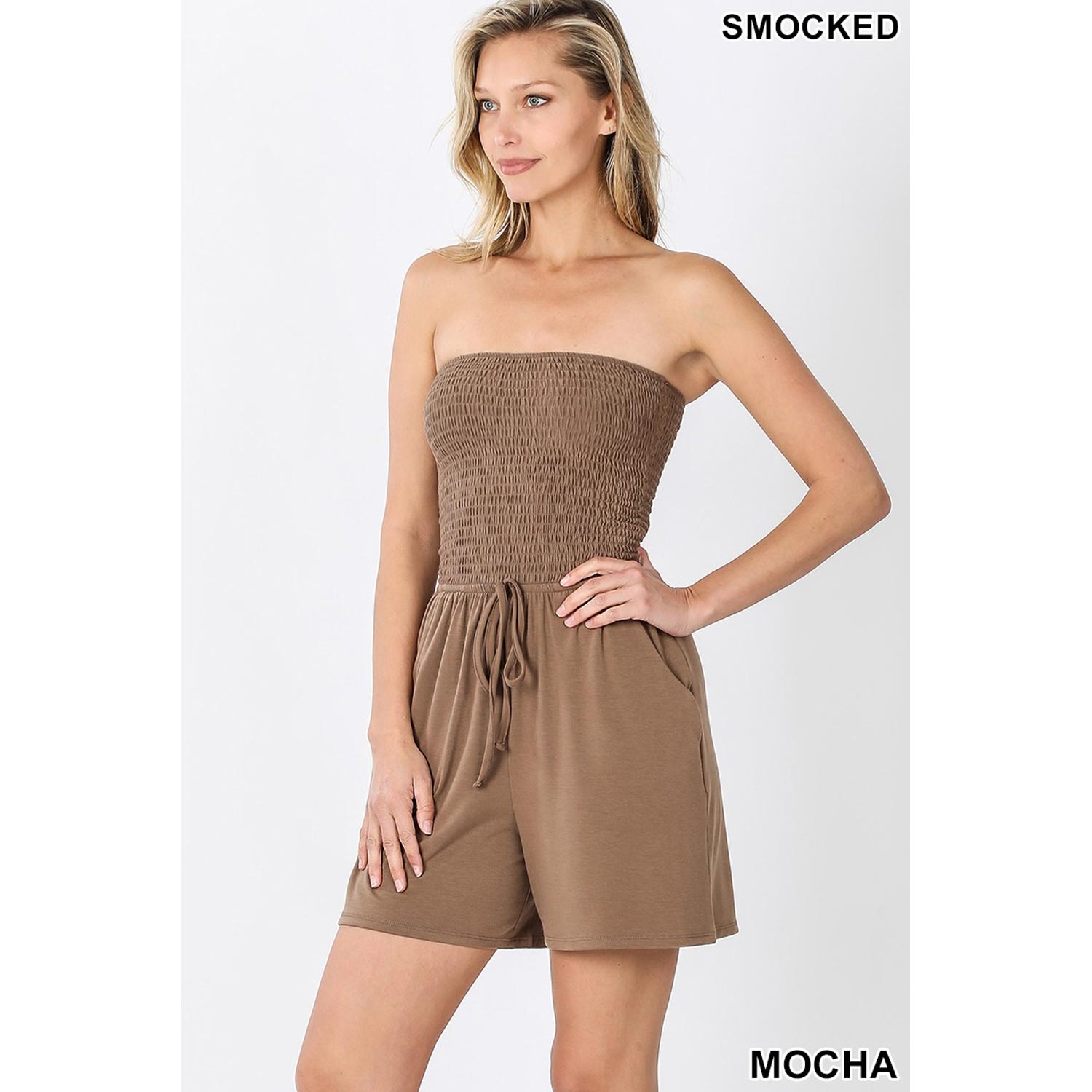 Smocked Tube Romper With Pocket