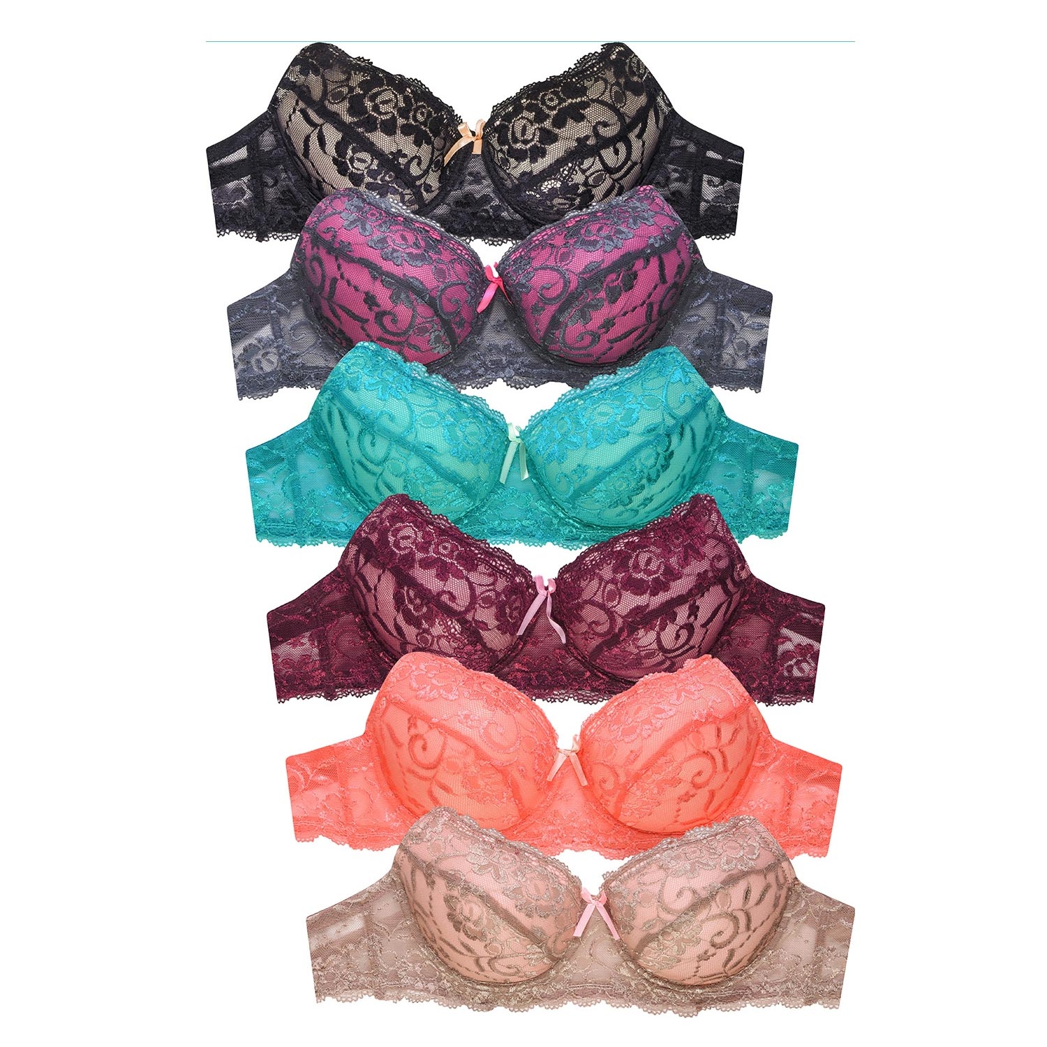 6 Pack Ladies Embroidered Full Cup Lace Bra