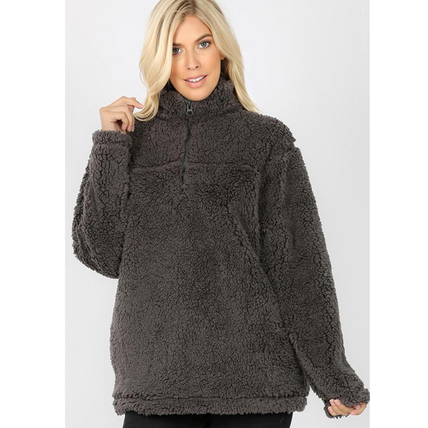 Solid Soft Sherpa Pullover Zip-Up Neck Pockets