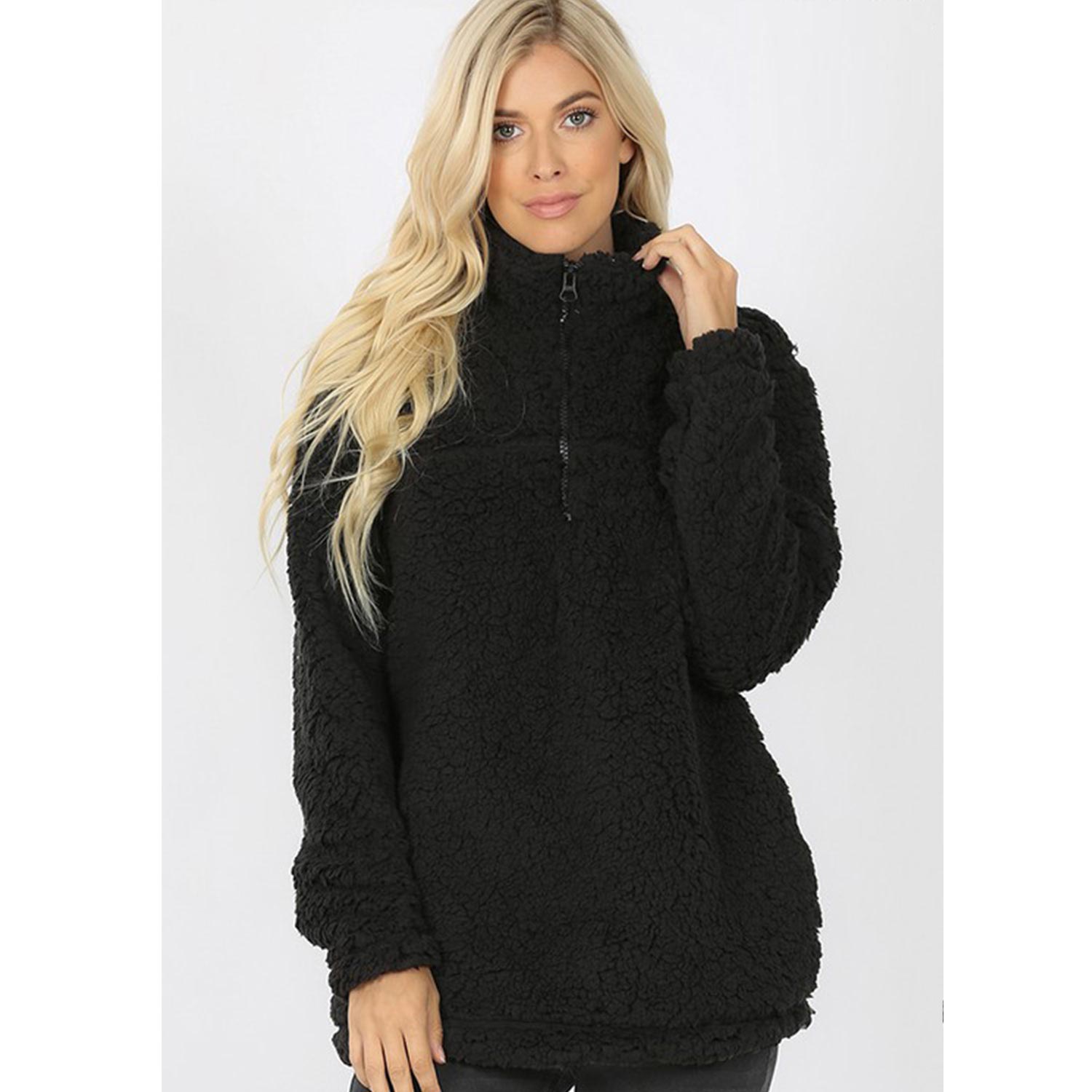 Solid Soft Sherpa Pullover Zip-Up Neck Pockets