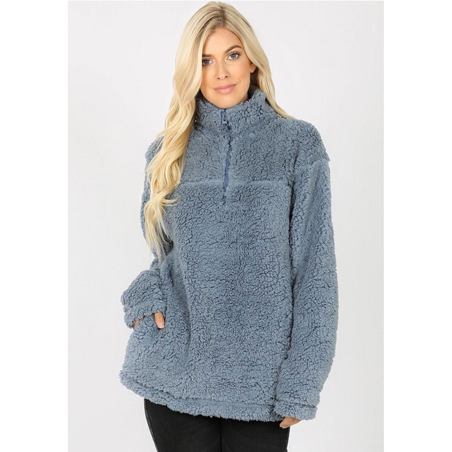 Solid Soft Sherpa Pullover Zip-Up Neck Pockets