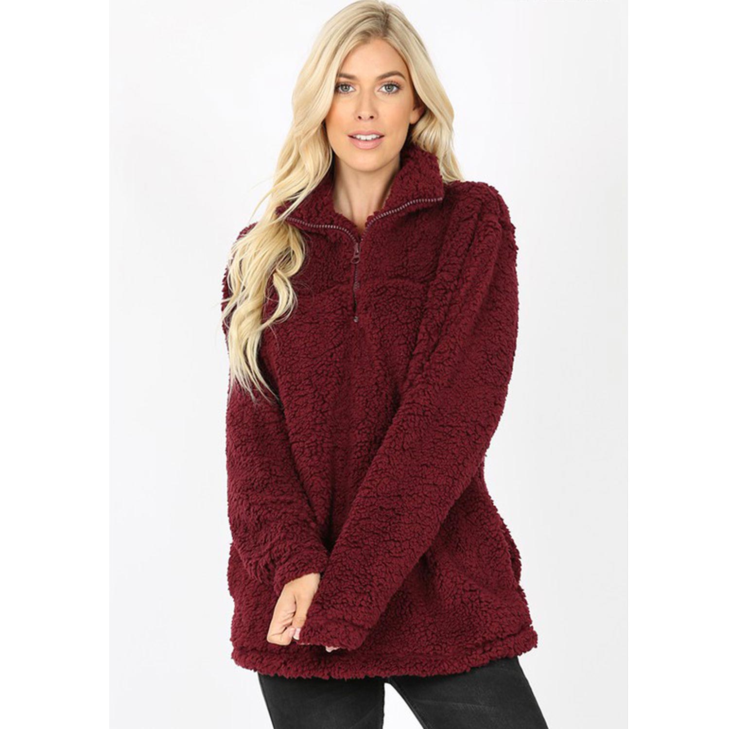 Solid Soft Sherpa Pullover Zip-Up Neck Pockets