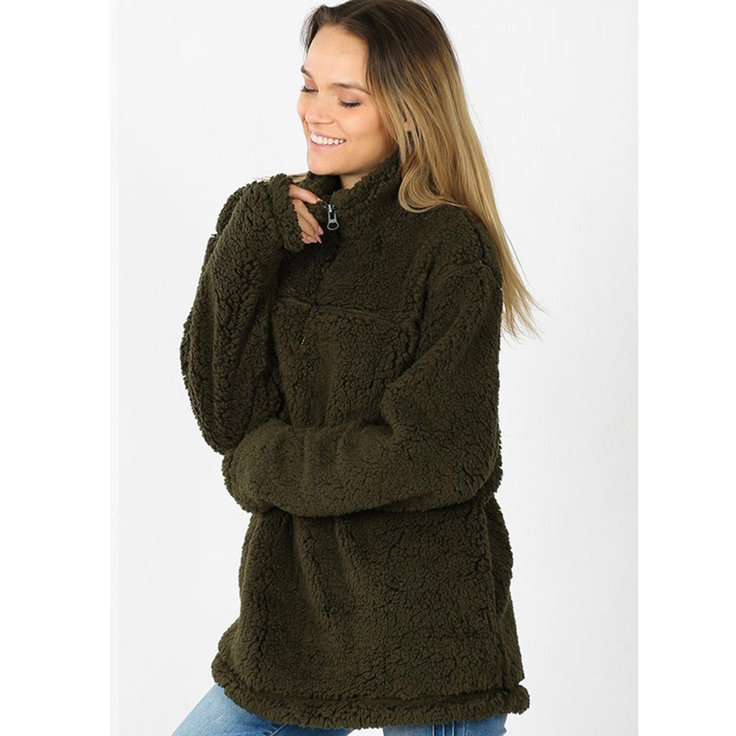 Solid Soft Sherpa Pullover Zip-Up Neck Pockets