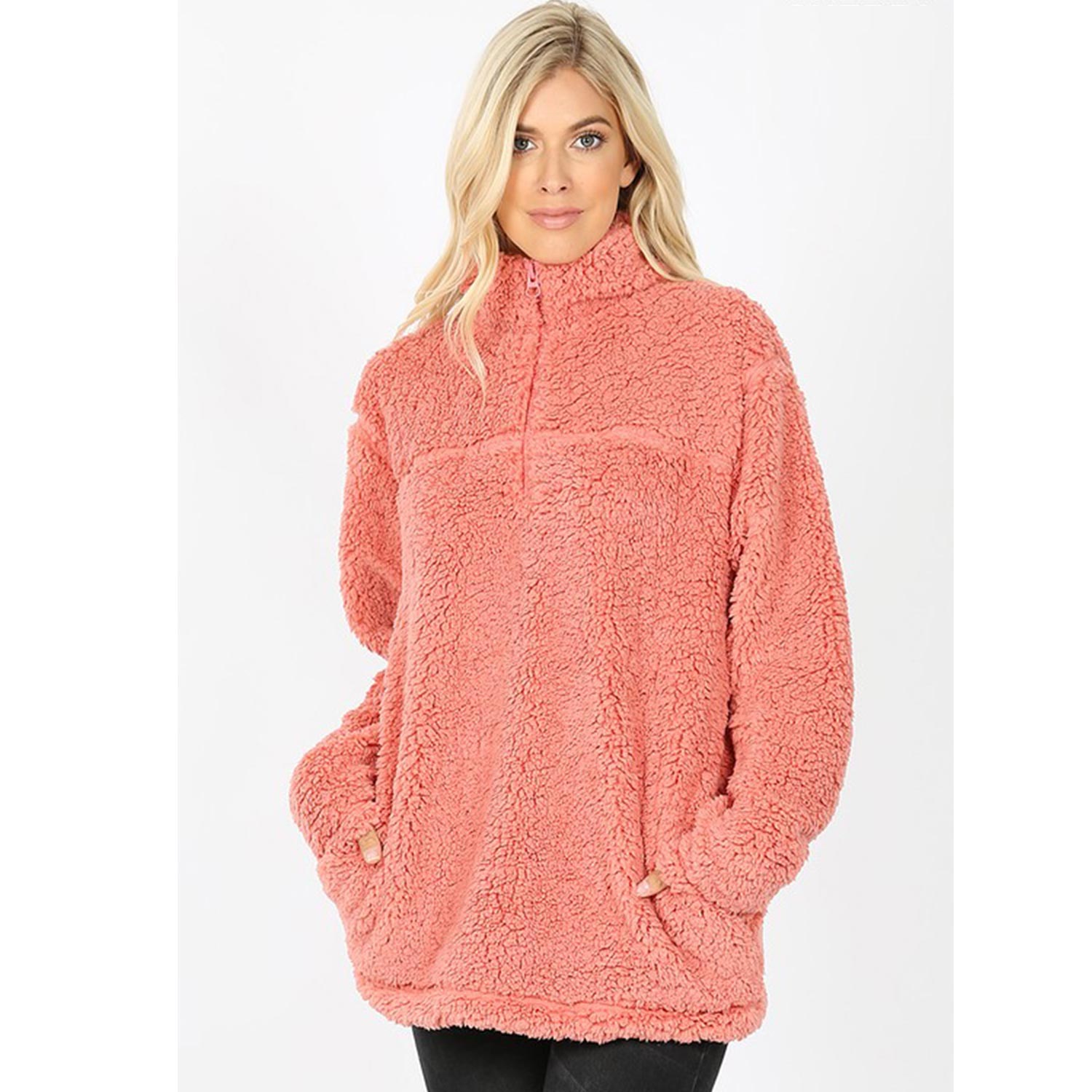 Solid Soft Sherpa Pullover Zip-Up Neck Pockets