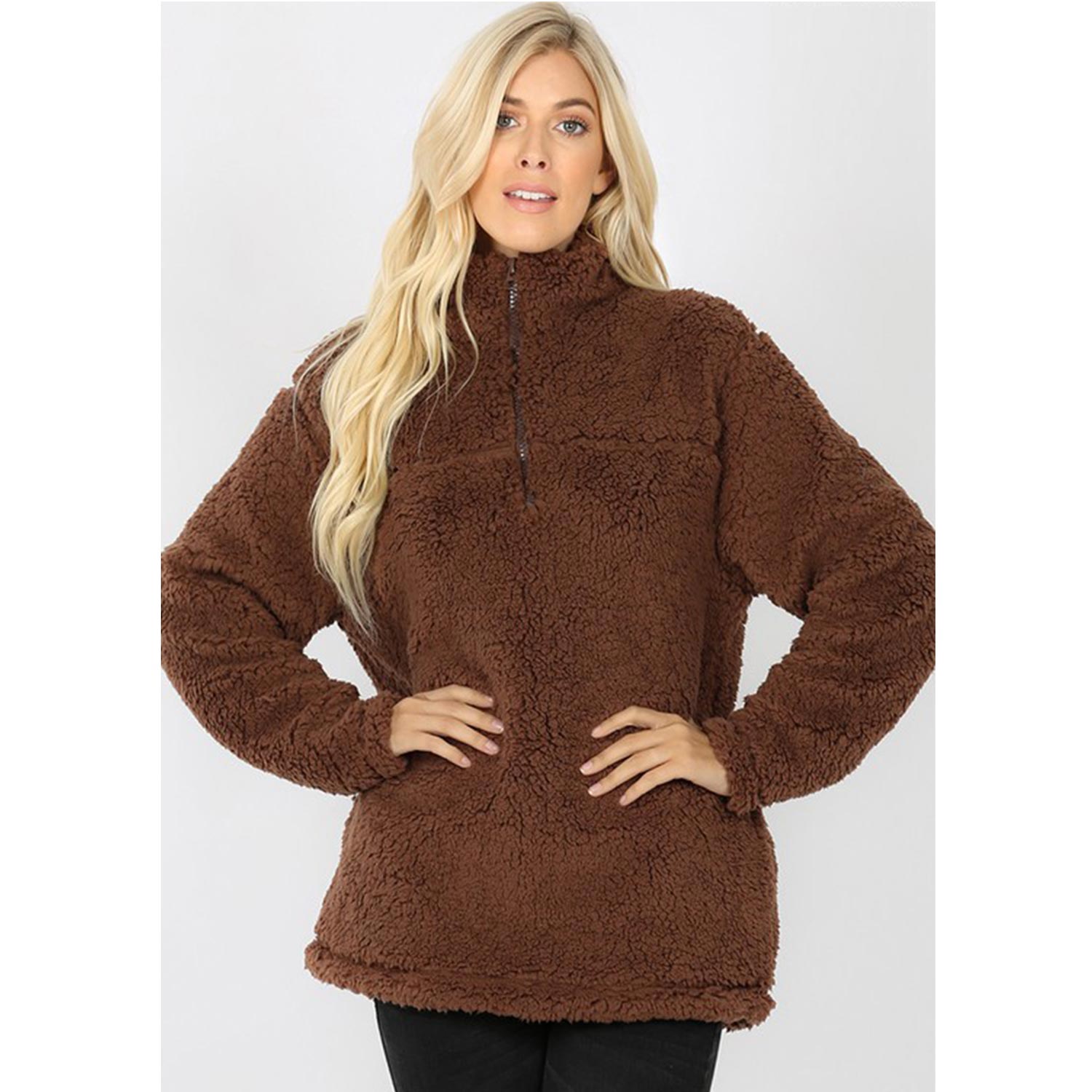 Solid Soft Sherpa Pullover Zip-Up Neck Pockets