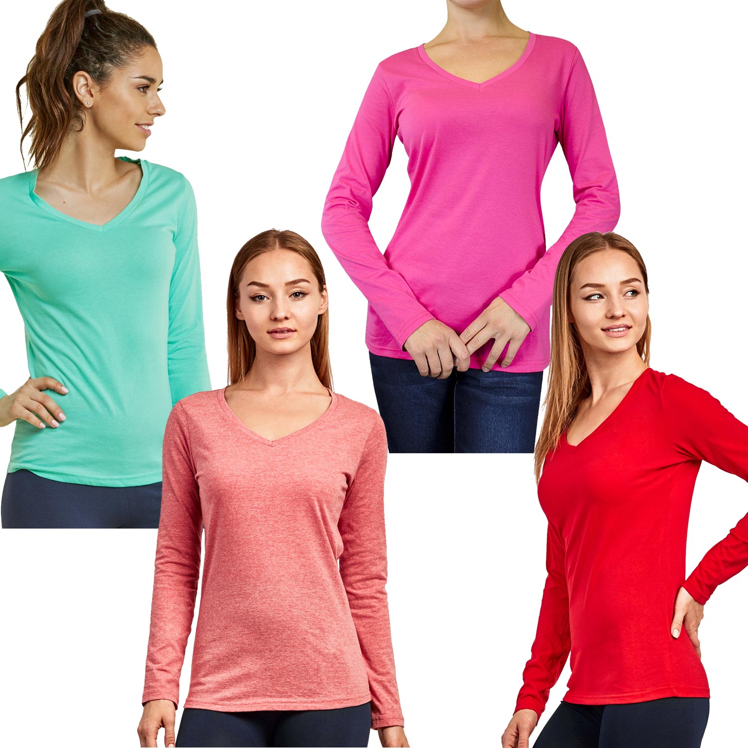 4 Pack Ladies Long Sleeve V-neck T-shirt