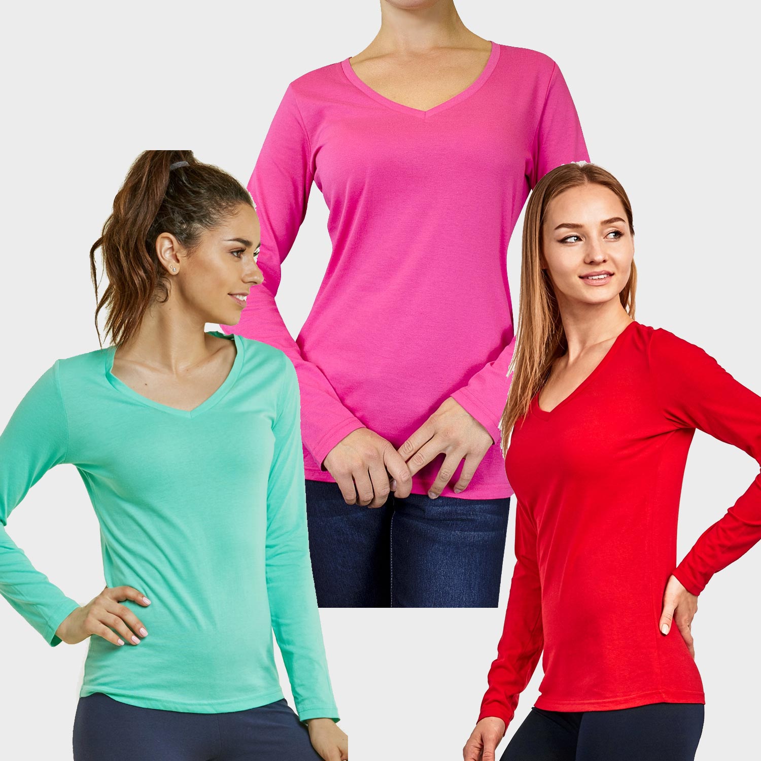 3 Pack Ladies Long Sleeve V-Neck T-Shirt