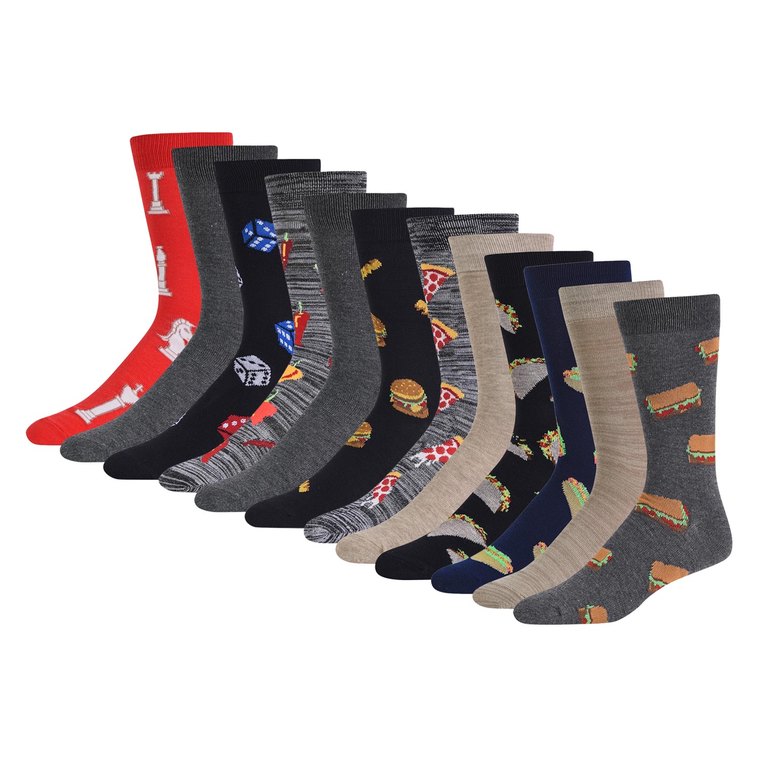 12 Pack Novelty Crew Socks- Men's 