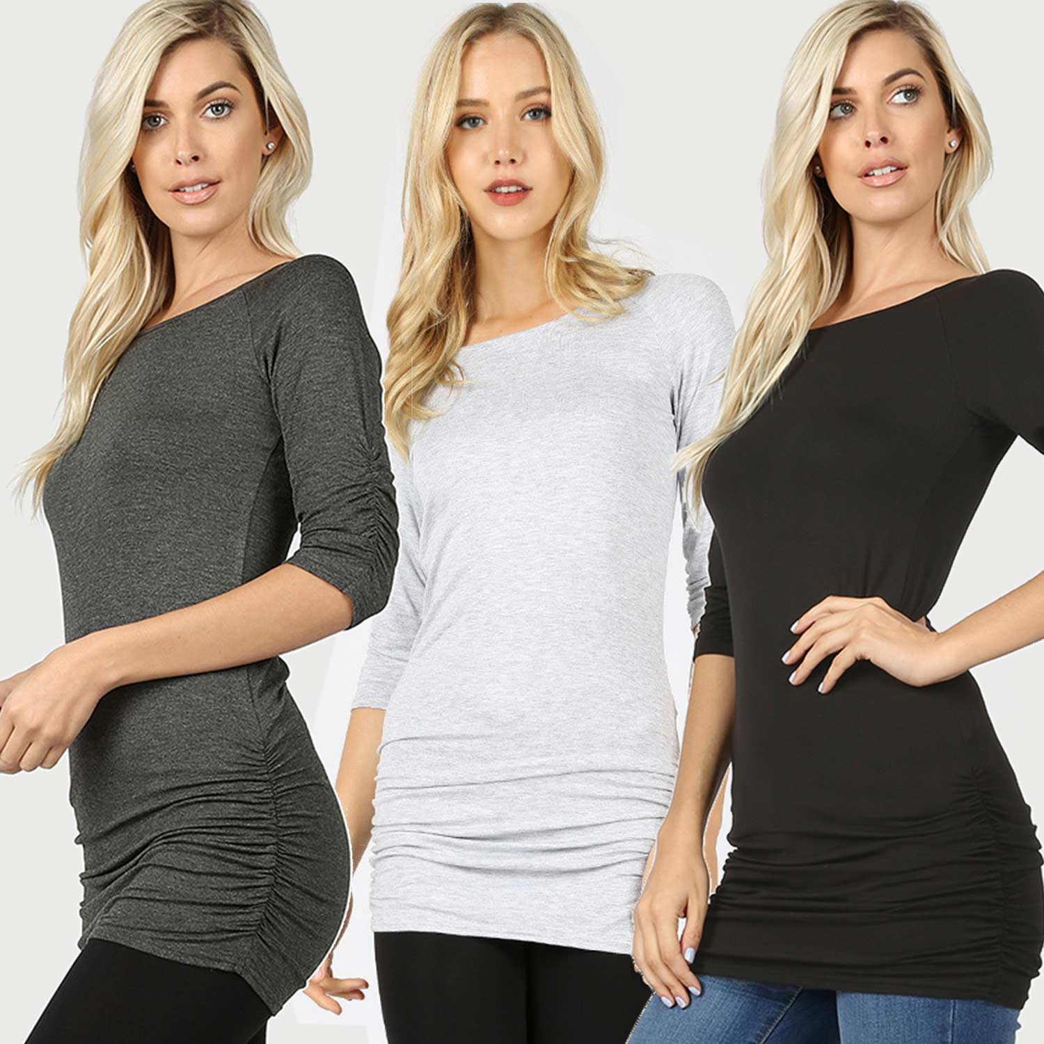 3 Pack Luxe Rayon 3/4 Sleeve Tunic with Shirring Detail