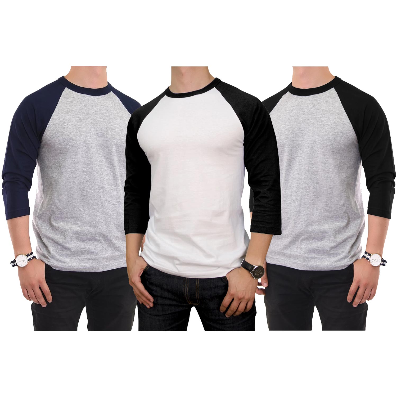 3 Pack Men's 3/4 Sleeve Baseball T-Shirt