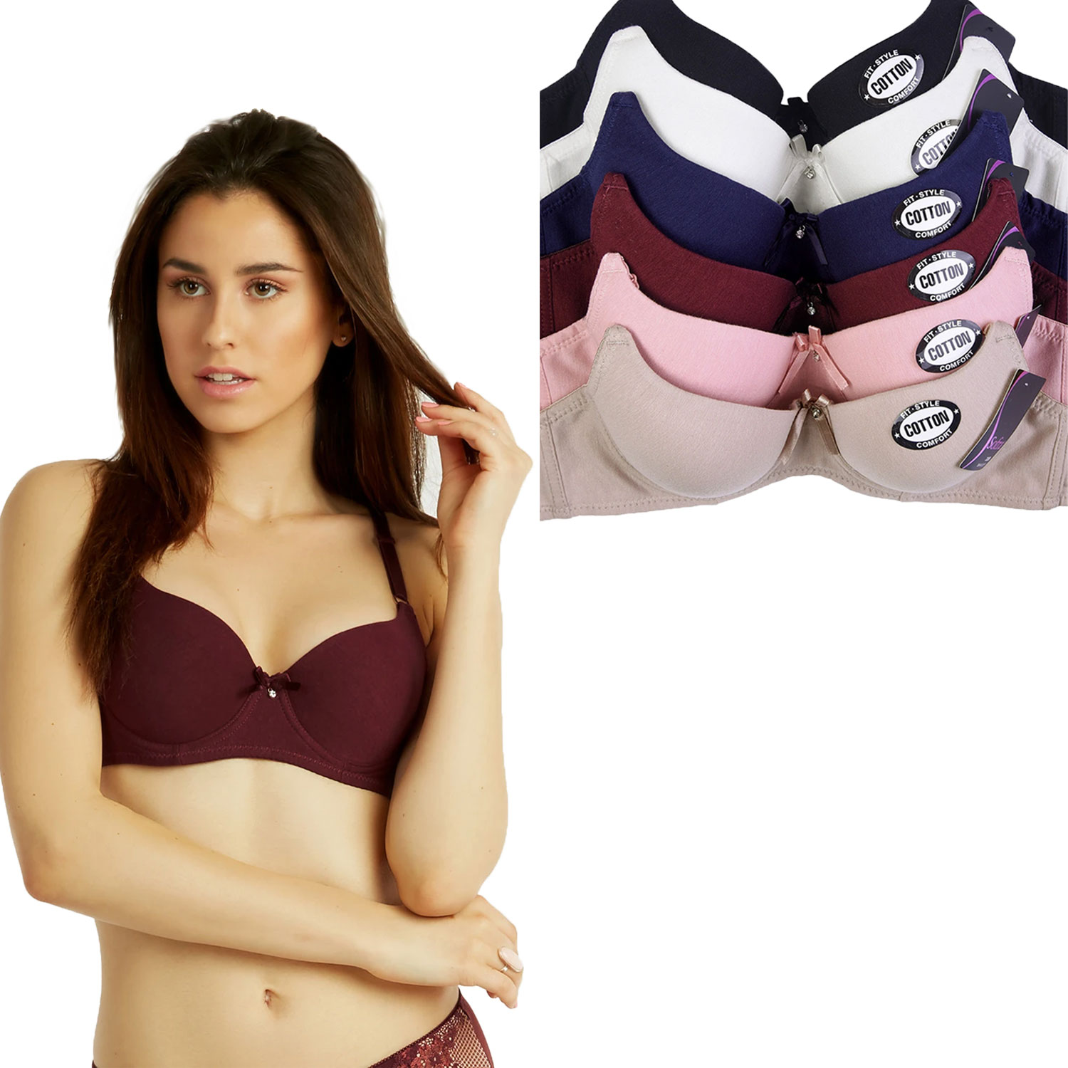 6 Pack ET|TU Ladies Cotton Plain Bra