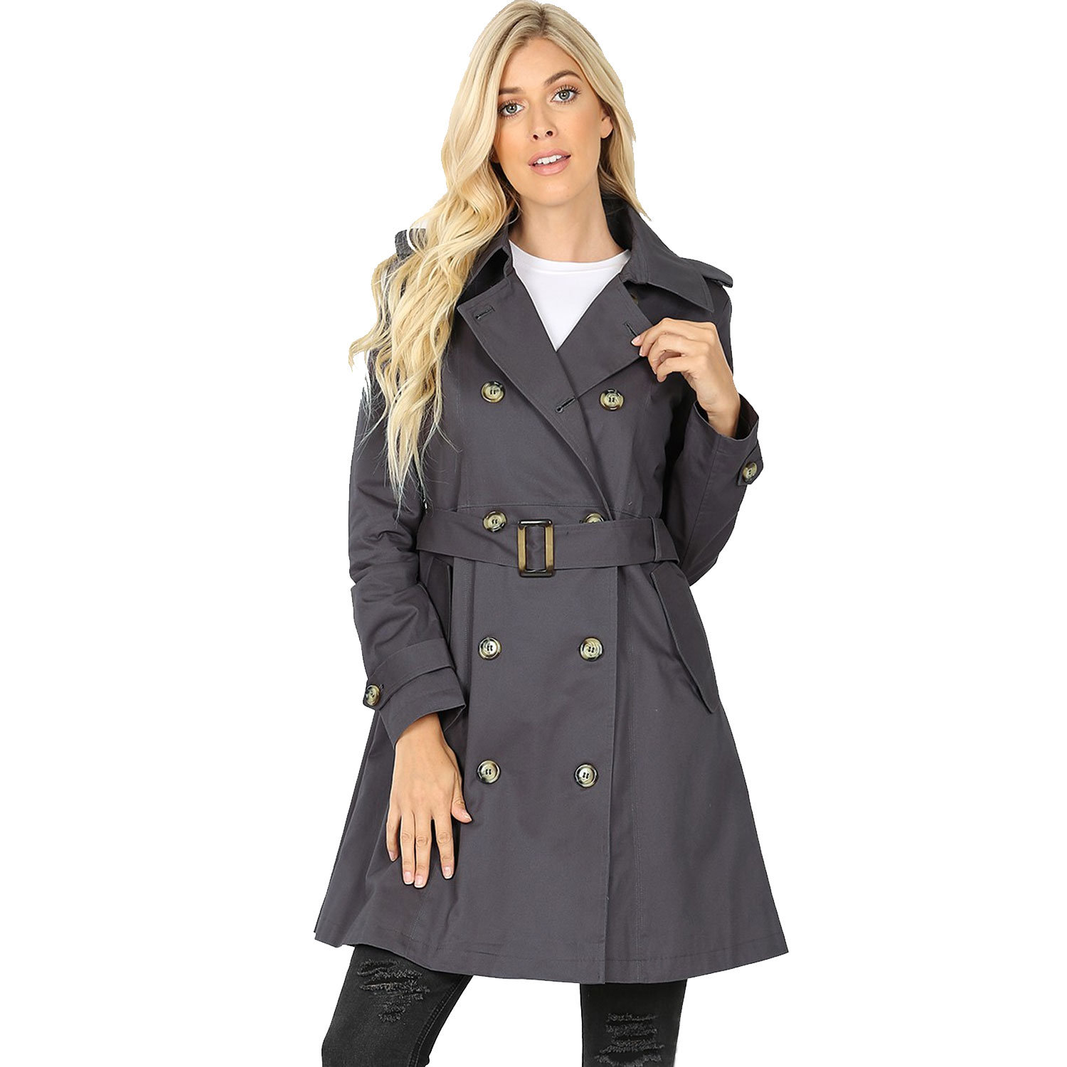 Double Breasted Thigh Length Trench Coat