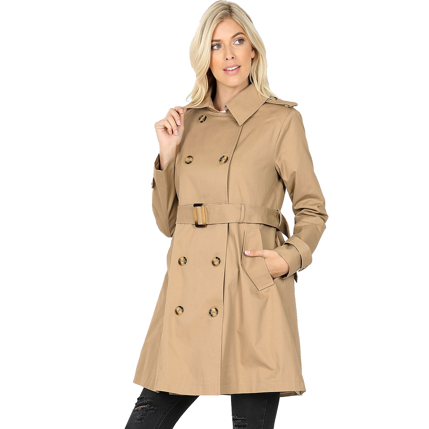 Double Breasted Thigh Length Trench Coat