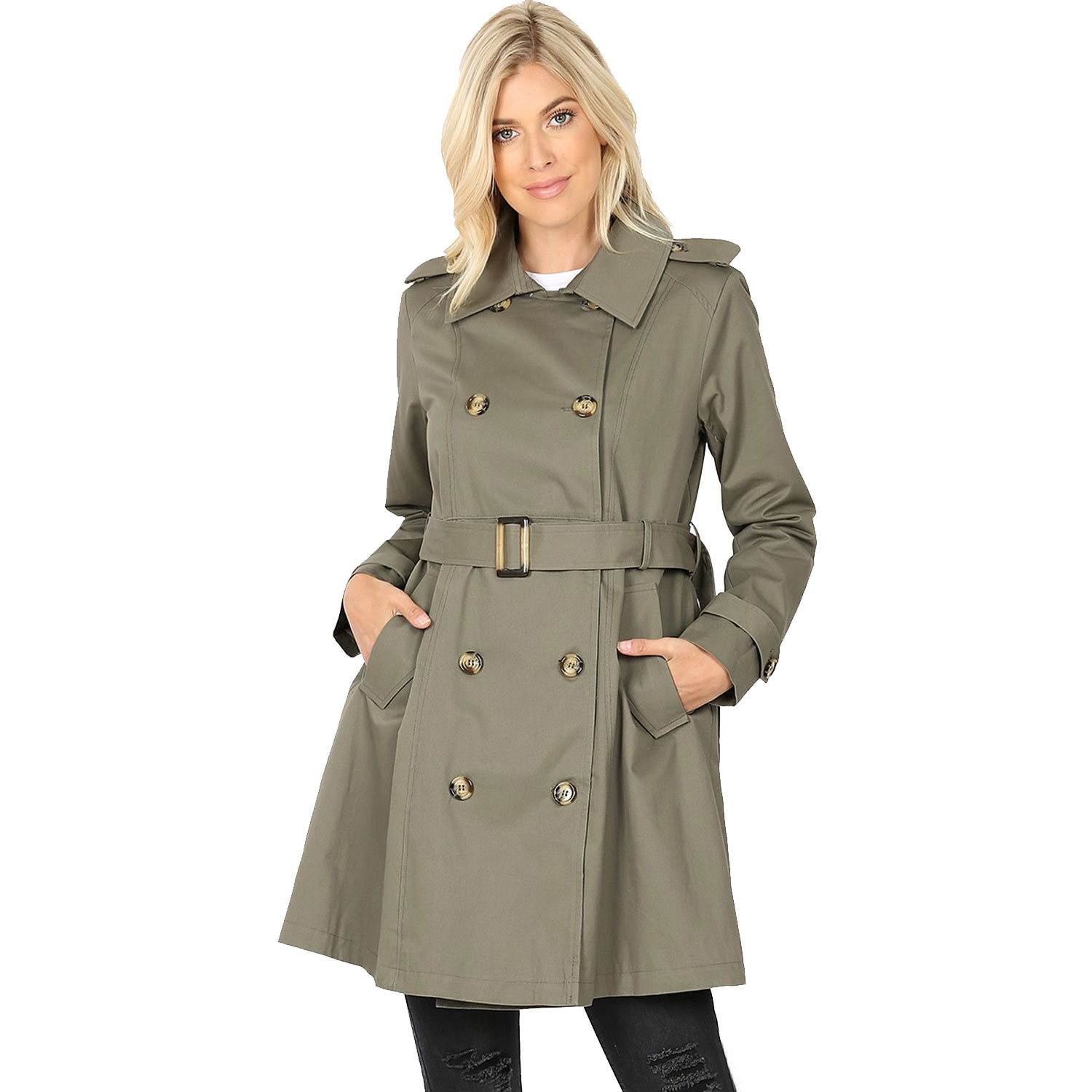 Double Breasted Thigh Length Trench Coat