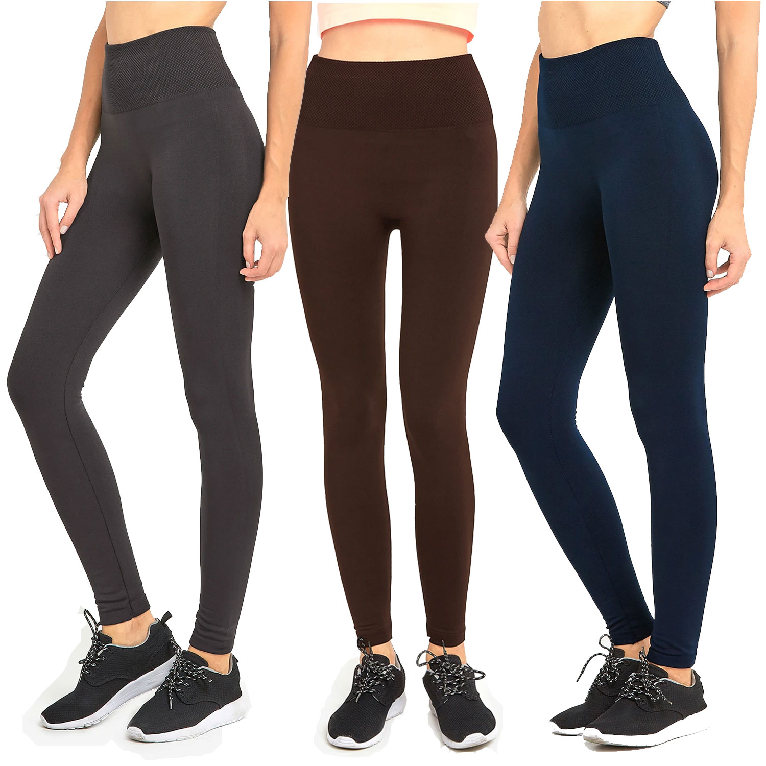 3 Pack Ladies High Waist Fleece Extra Wide Band Leggings