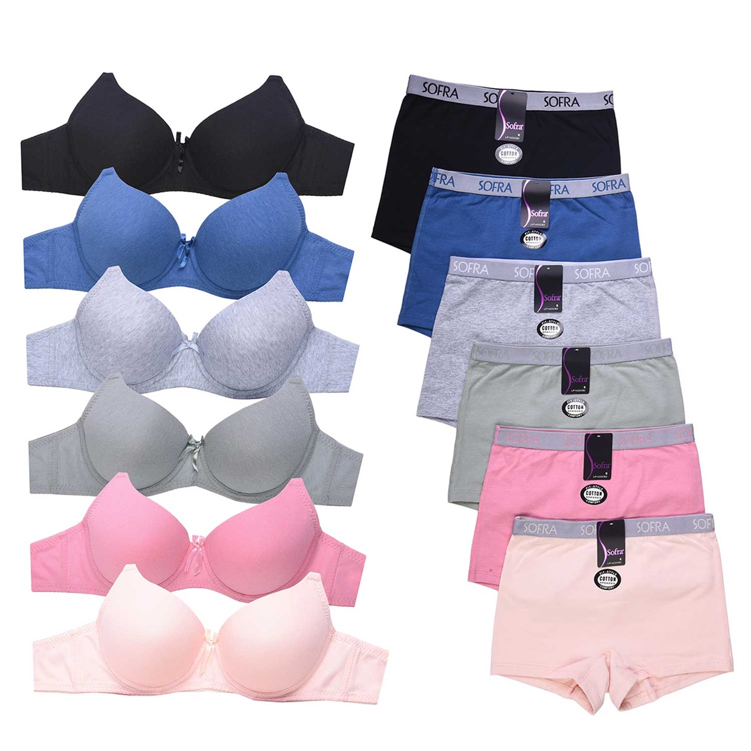 12 Pack Ladies Cotton Plain Bra And Cotton Boyshort Panty