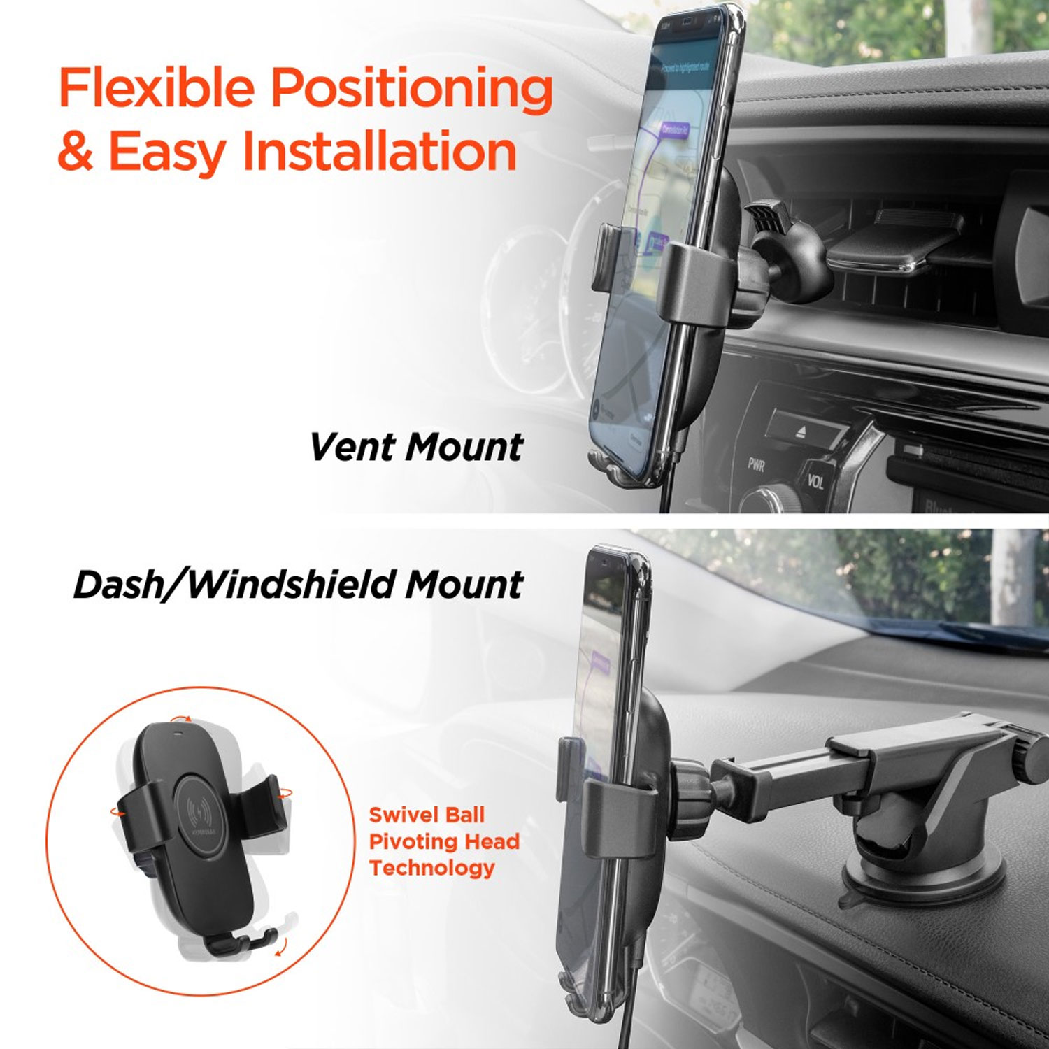 HyperGear Gravity 10W Wireless Fast Charge Mount Kit 3 Ways to Mount Vent, Dash or Windshield