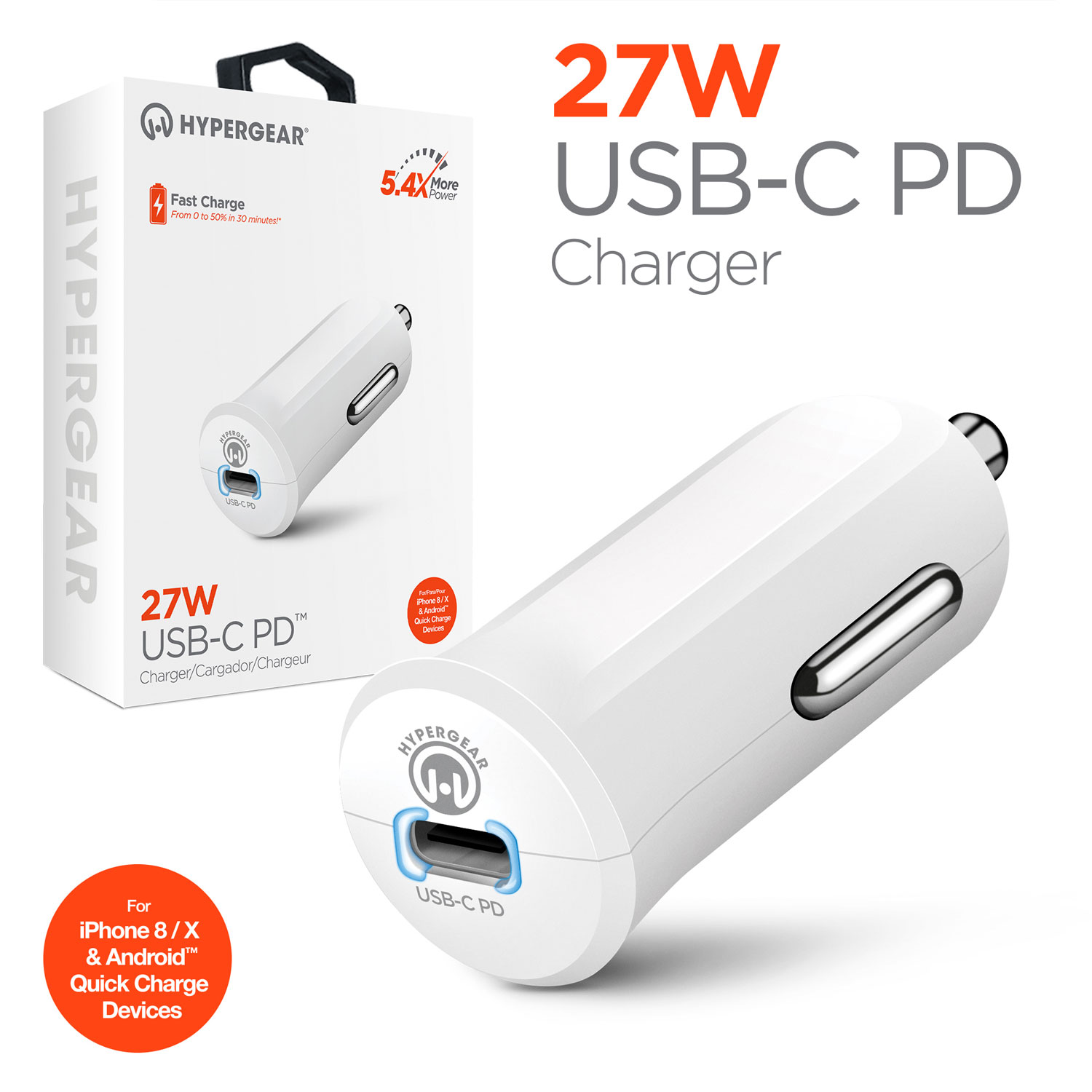 HyperGear USB-C PD 27W Car Charger White