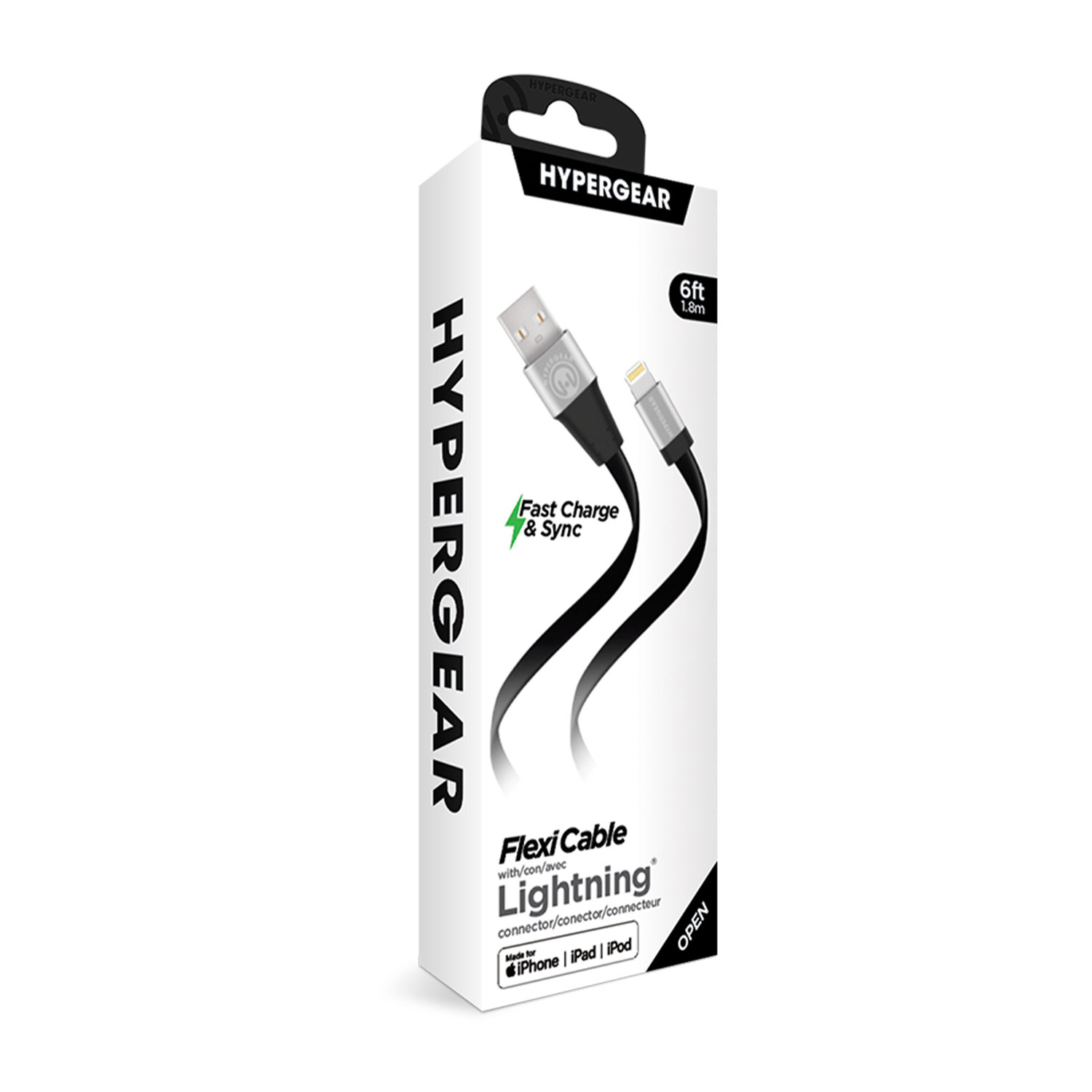 HyperGear Flexi MFI Charge Sync Flat Cable 6ft Black