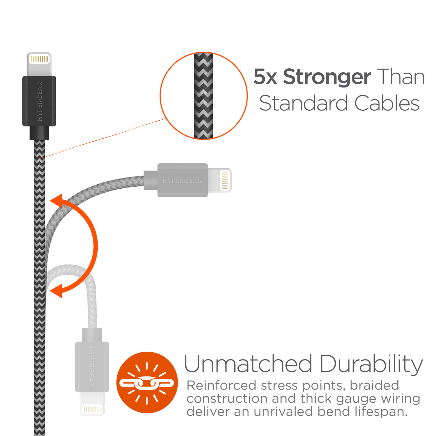 HyperGear MFI Lightning USB Braided Cable 4ft Blk Grey