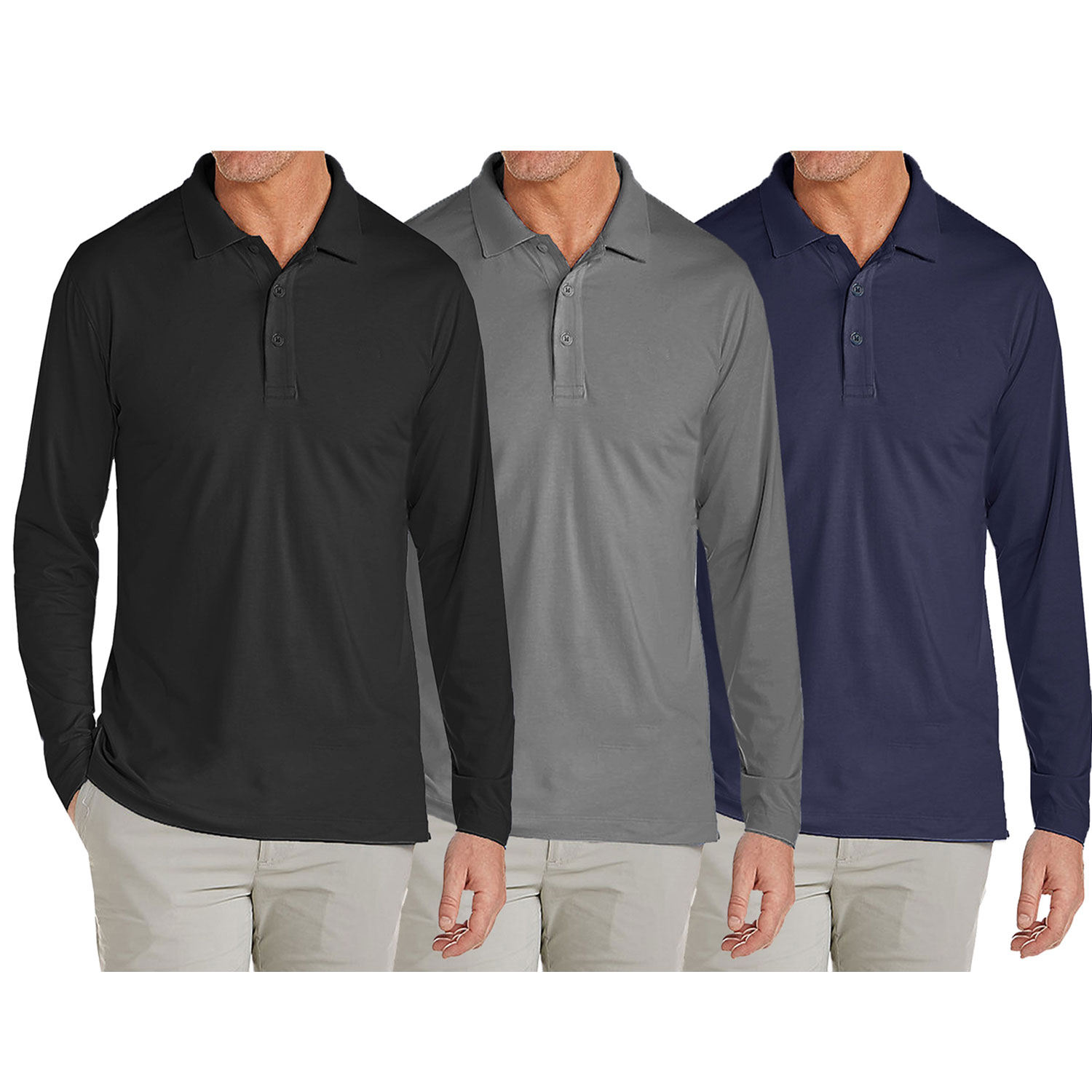3 Pack Men's Long Sleeve Pique Polo Shirts