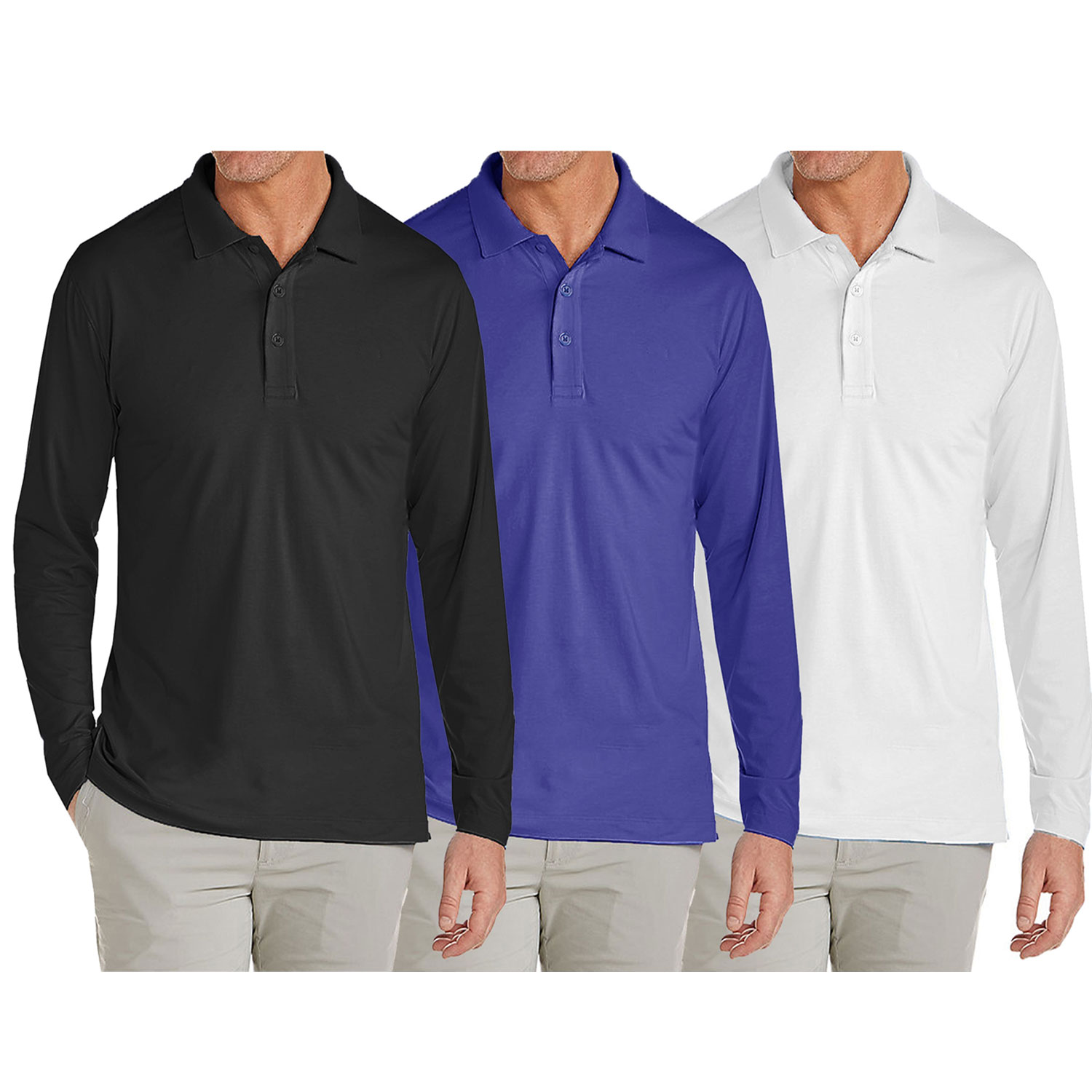 3 Pack Men's Long Sleeve Pique Polo Shirts