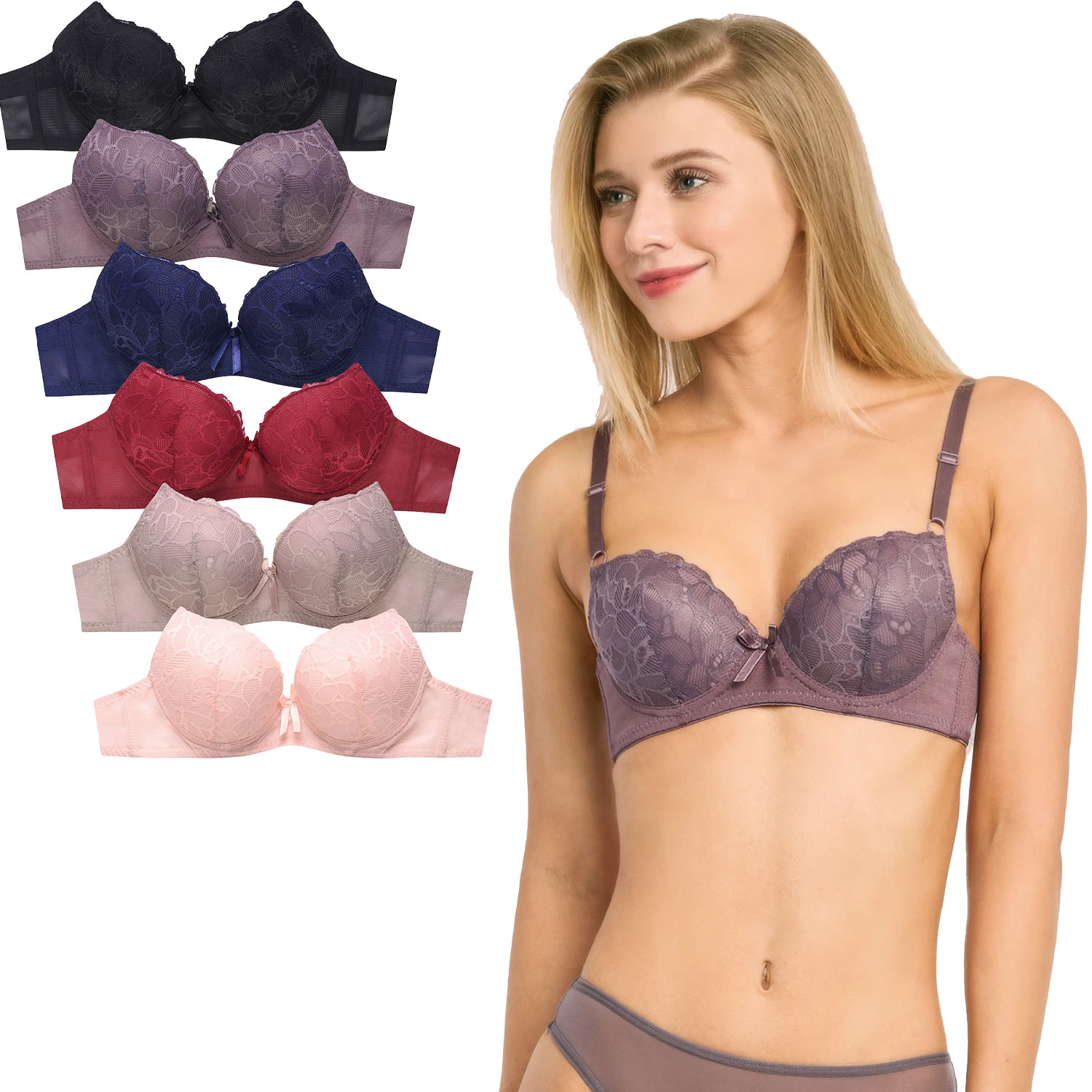 6 Pack Mamia Ladies Demi Cup Lace Push Up Bra