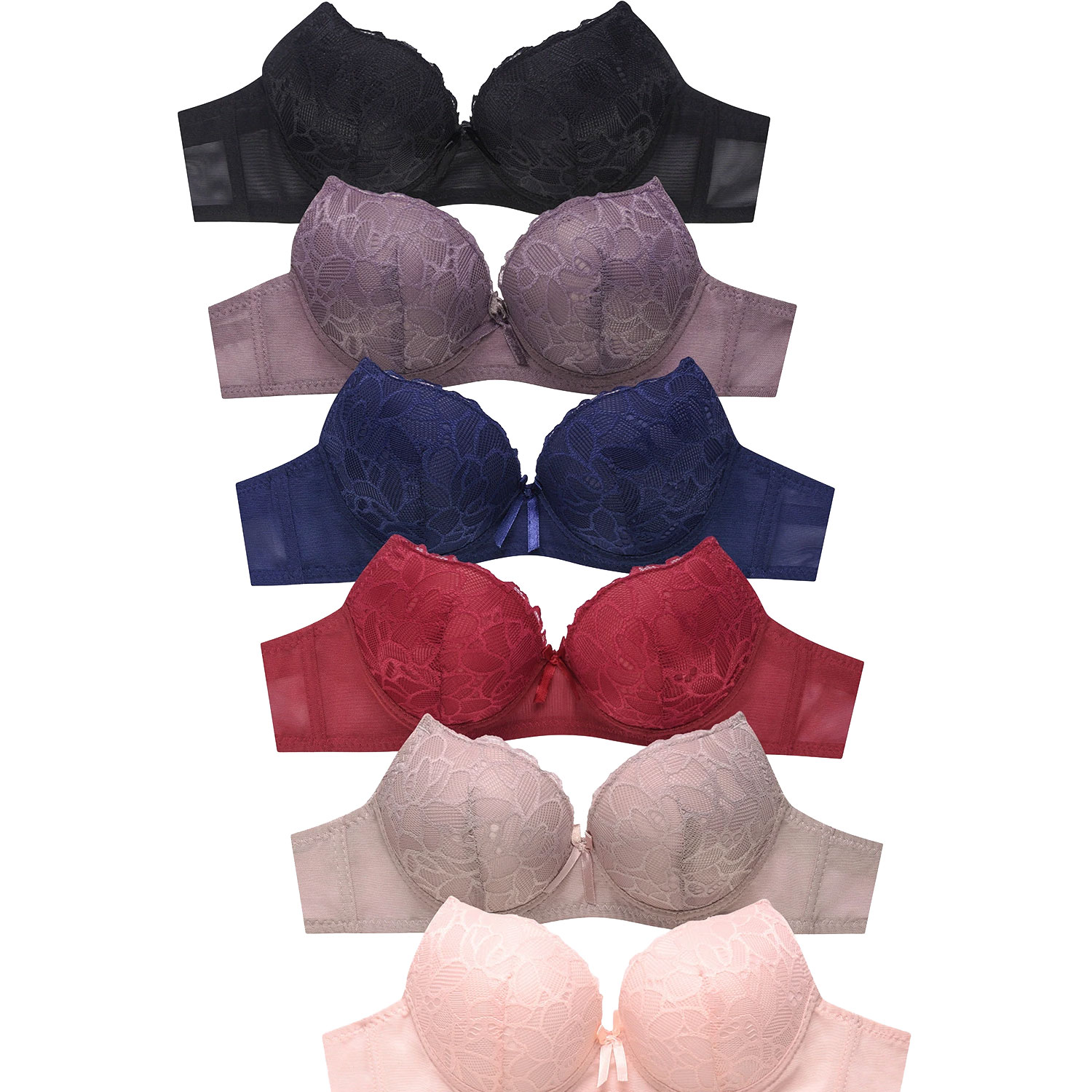 6 Pack Mamia Ladies Demi Cup Lace Push Up Bra