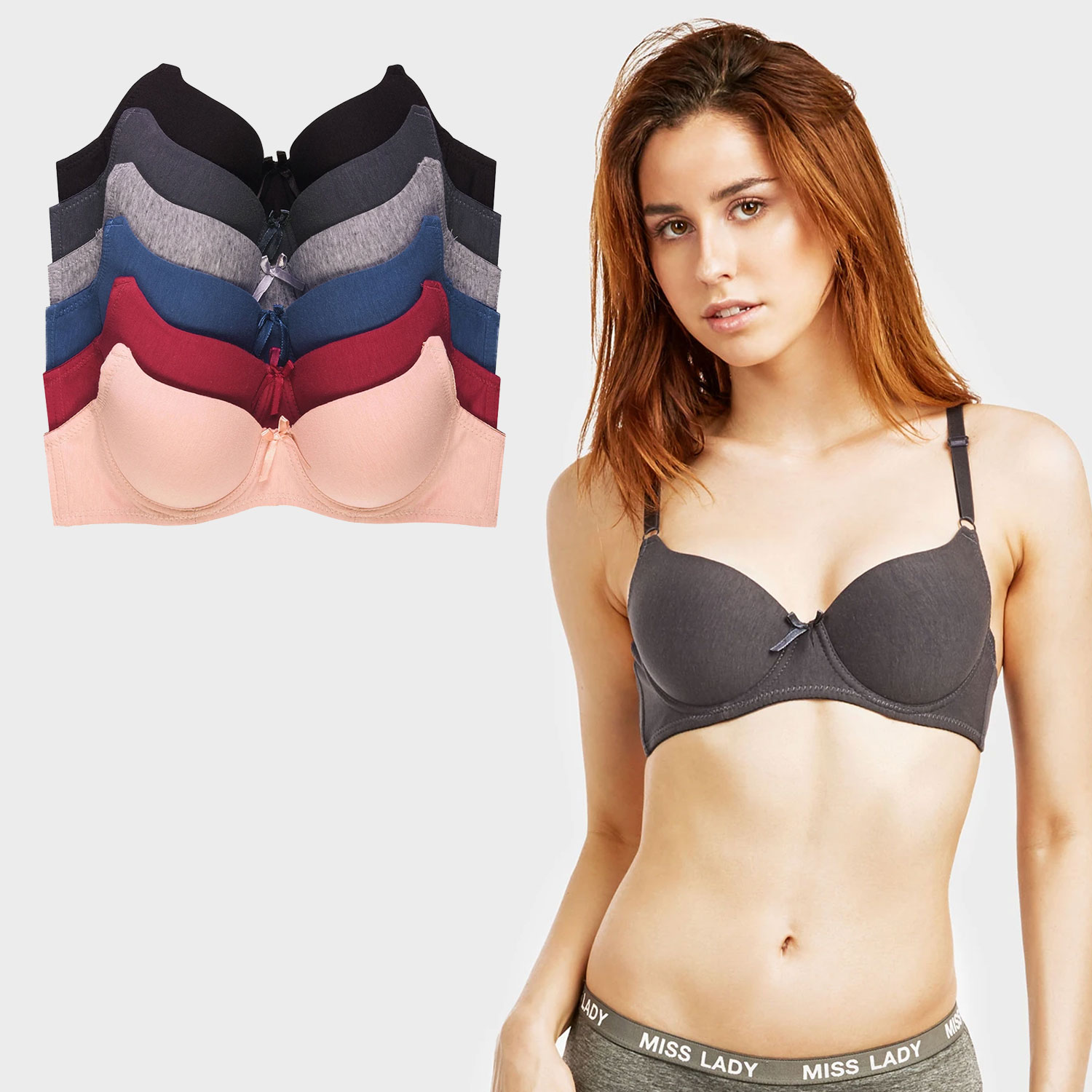  Ladies Full Cup Plain Bra W/ Lace Trim At Neckline 6 Pack