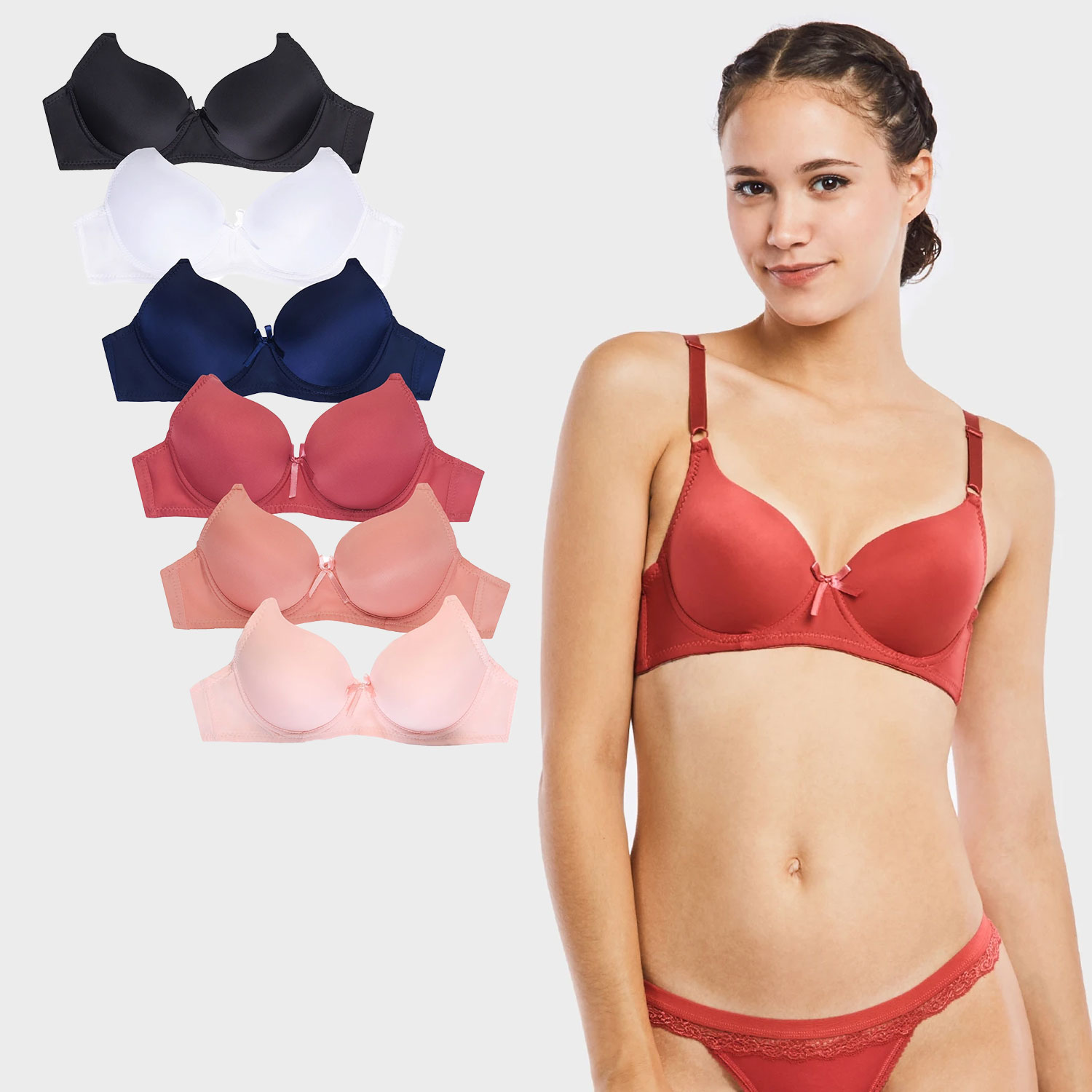  Ladies Full Cup Plain Bra W/ Lace Trim At Neckline 6 Pack