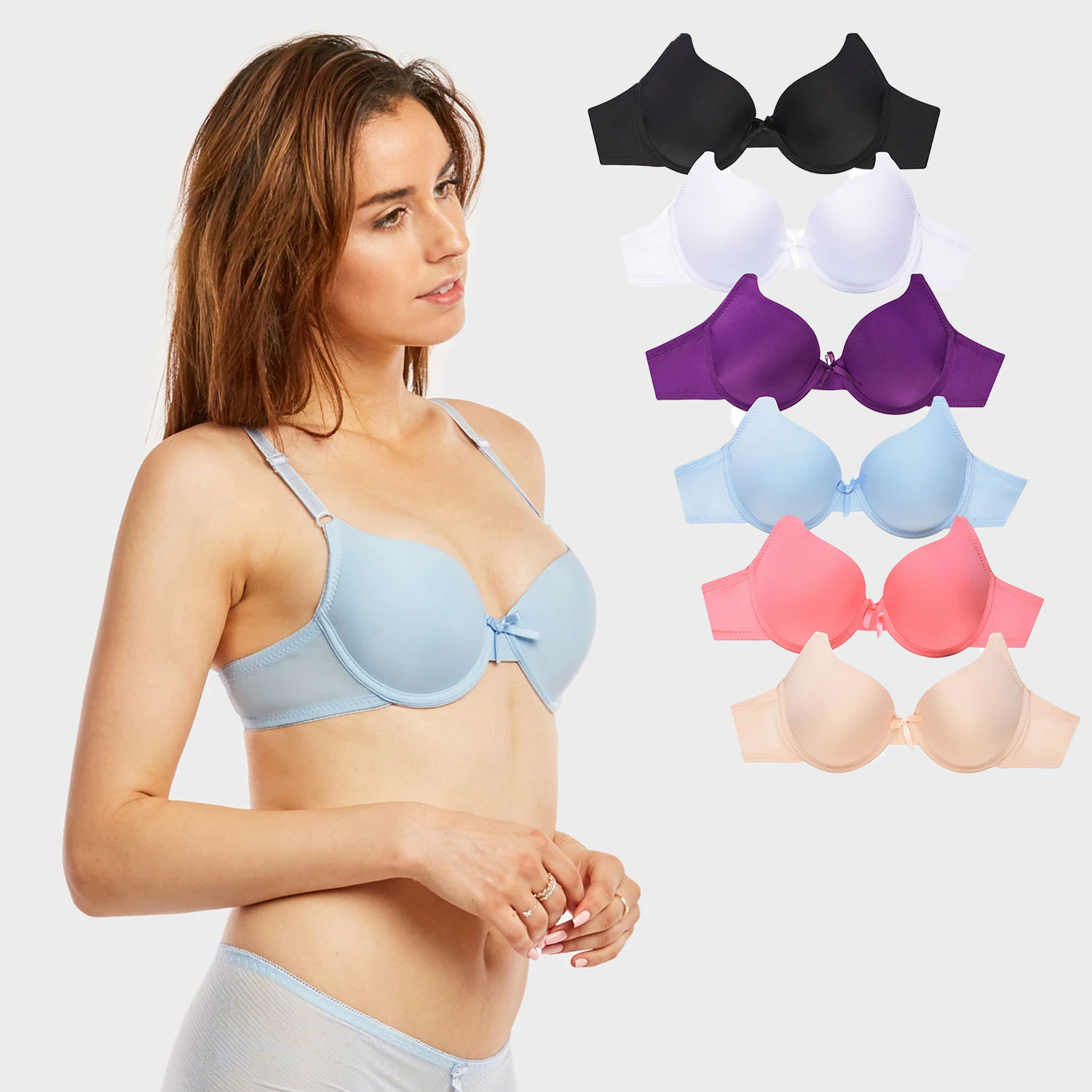  Ladies Full Cup Plain Bra W/ Lace Trim At Neckline 6 Pack